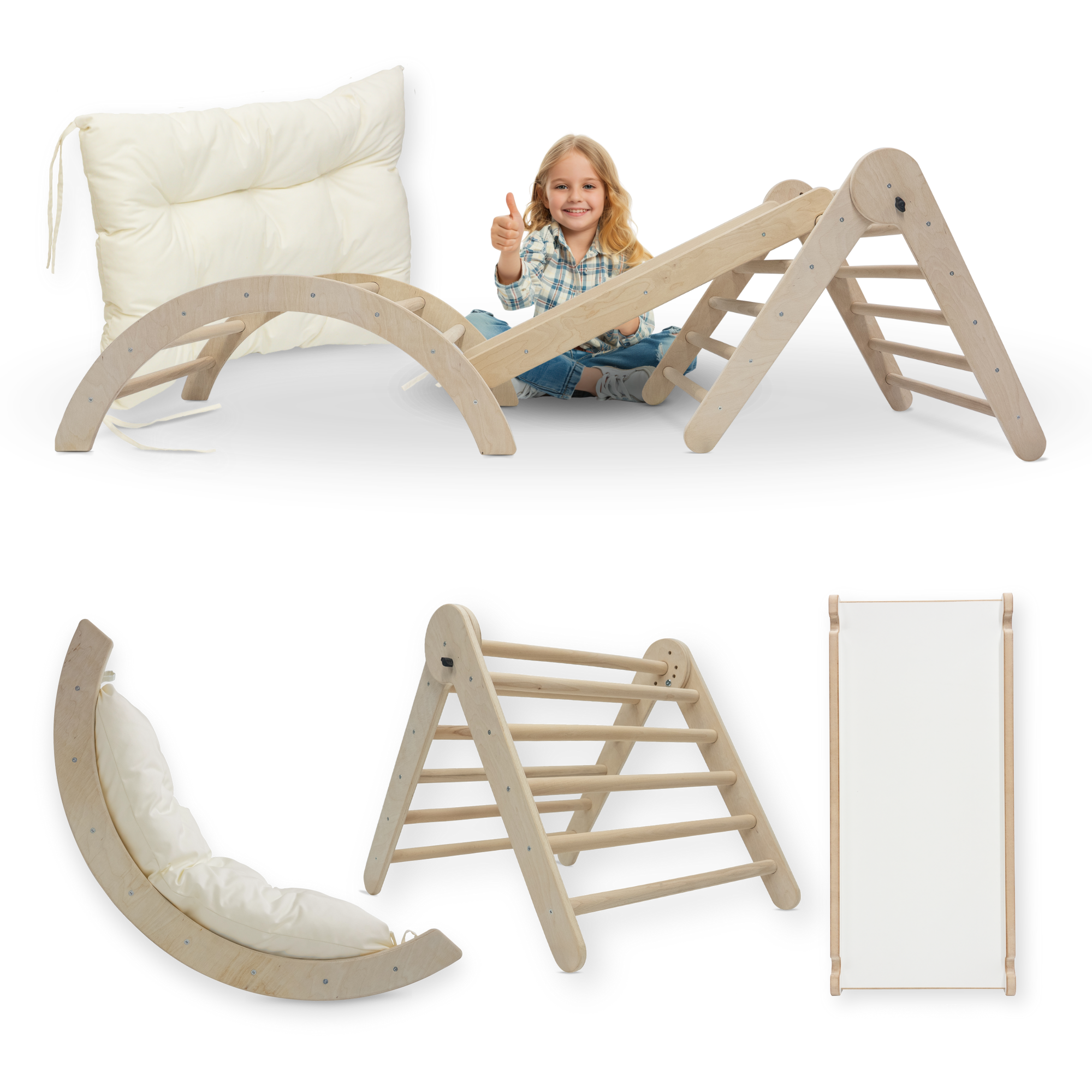 MAMOI® Klettergerüst Kletterdreieck Indoor 4 in 1 SET. Montessori Kletterbogen mit Kissen, Indoor Spielplatz 1-3 Jahre und Rutsche für Kinder.
