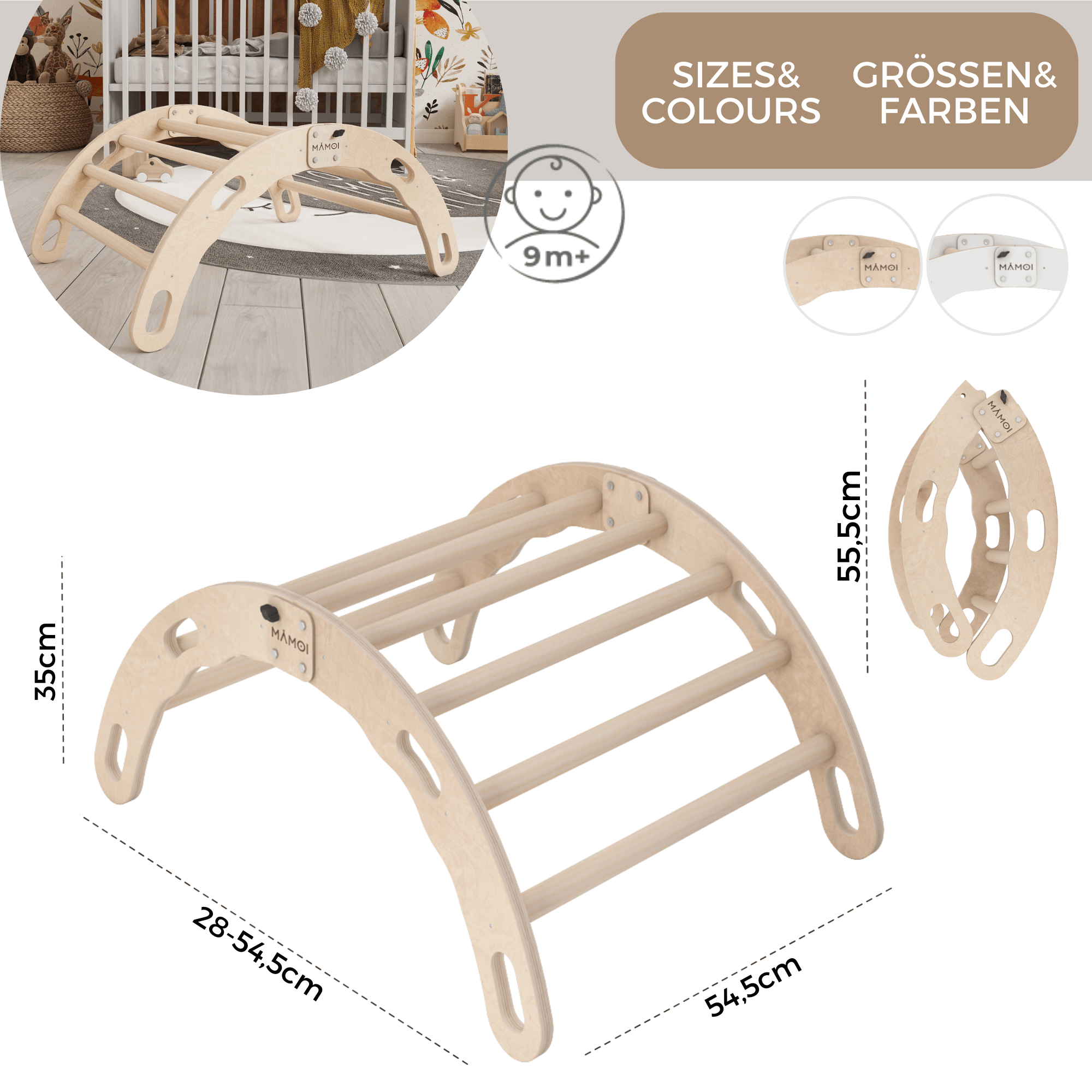 MAMOI® Kletterbogen, Kletterdreieck, Baby klettern, Regenbogenwippe aus holz, Holzbogen für Kinder, Spielplatz, Klettergerüst indoor ab 1 jahr 2/3 jahre, Montessori