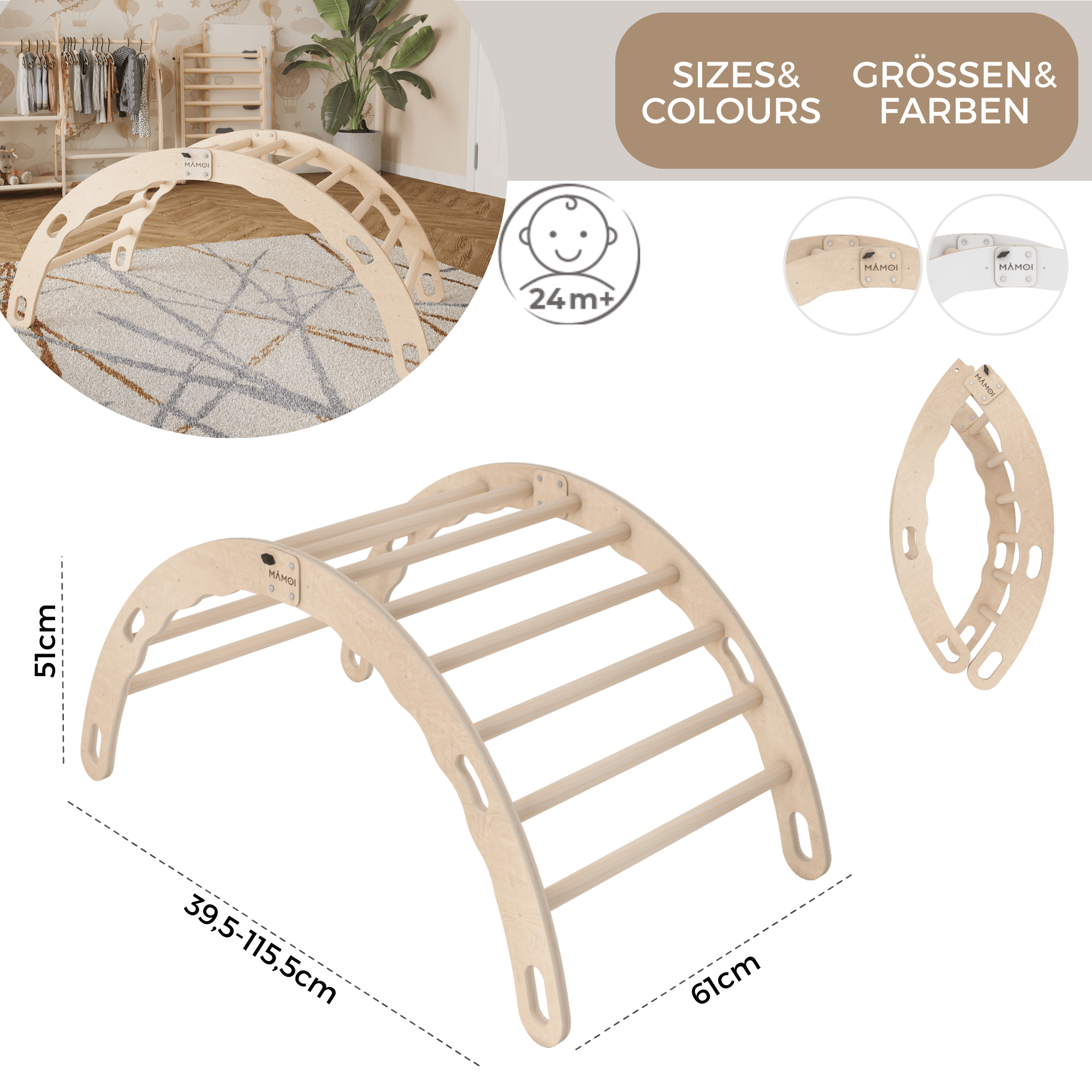 MAMOI® Kletterbogen, Kletterdreieck, Baby klettern, Regenbogenwippe aus holz, Holzbogen für Kinder, Spielplatz, Klettergerüst indoor ab 1 jahr 2/3 jahre, Montessori