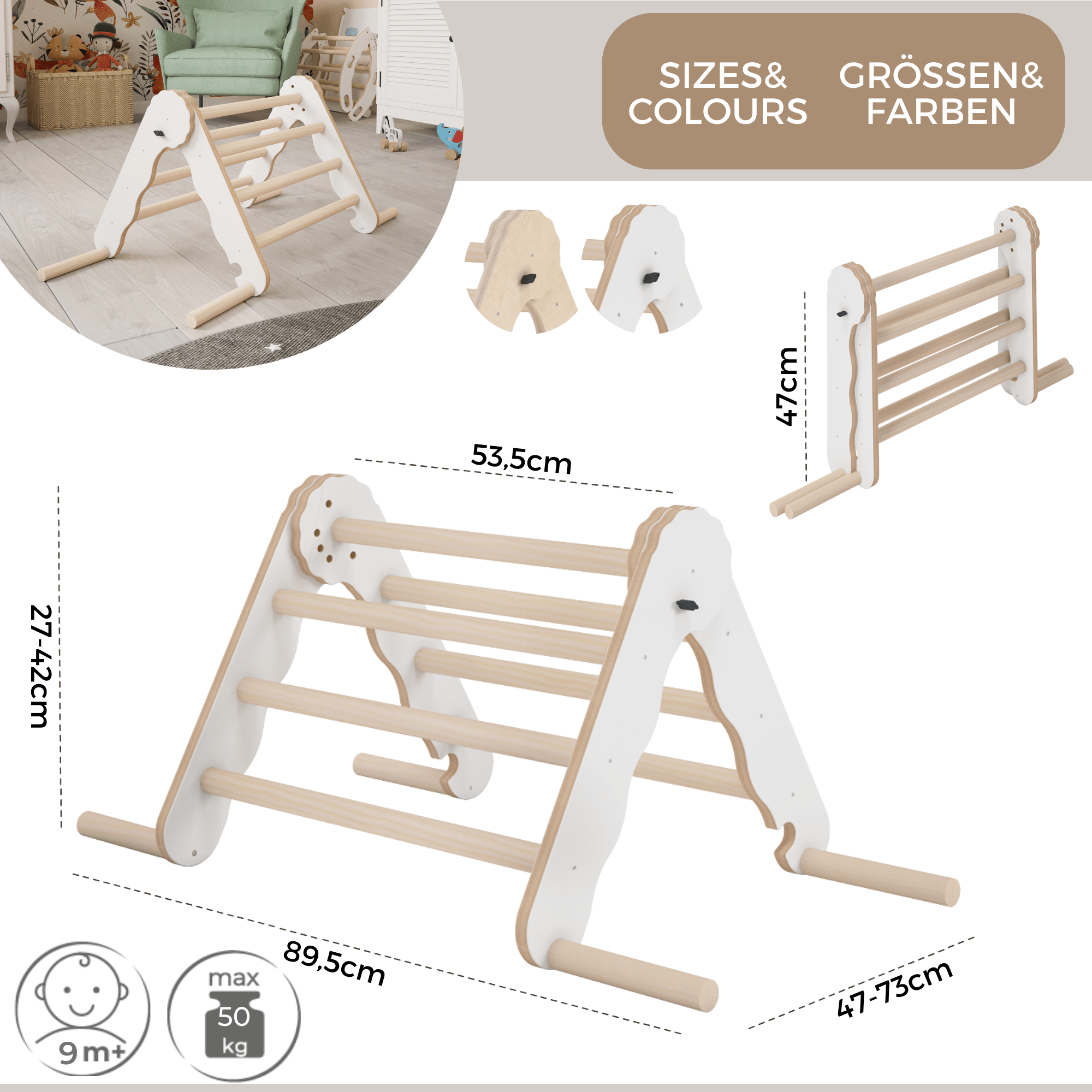 MAMOI® Klettergerüst indoor, Kletterdreieck aus holz, Baby kinder klettern, Kletterturm, Kletterbogen, Regenbogenwippe, Montessori spielzeug ab 1 jahr 2/3 jahre