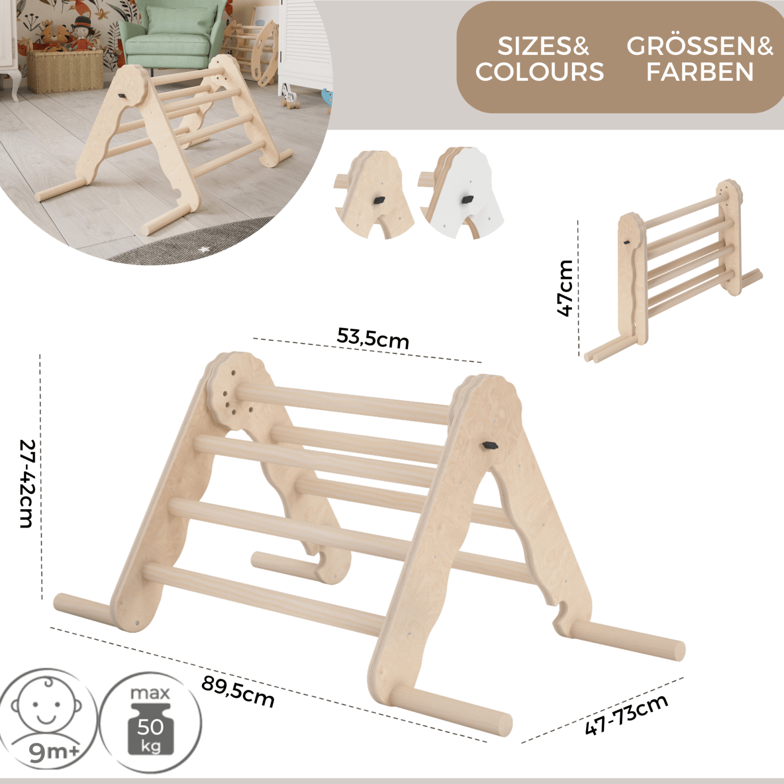 MAMOI® Klettergerüst indoor, Kletterdreieck aus holz, Baby kinder klettern, Kletterturm, Kletterbogen, Regenbogenwippe, Montessori spielzeug ab 1 jahr 2/3 jahre