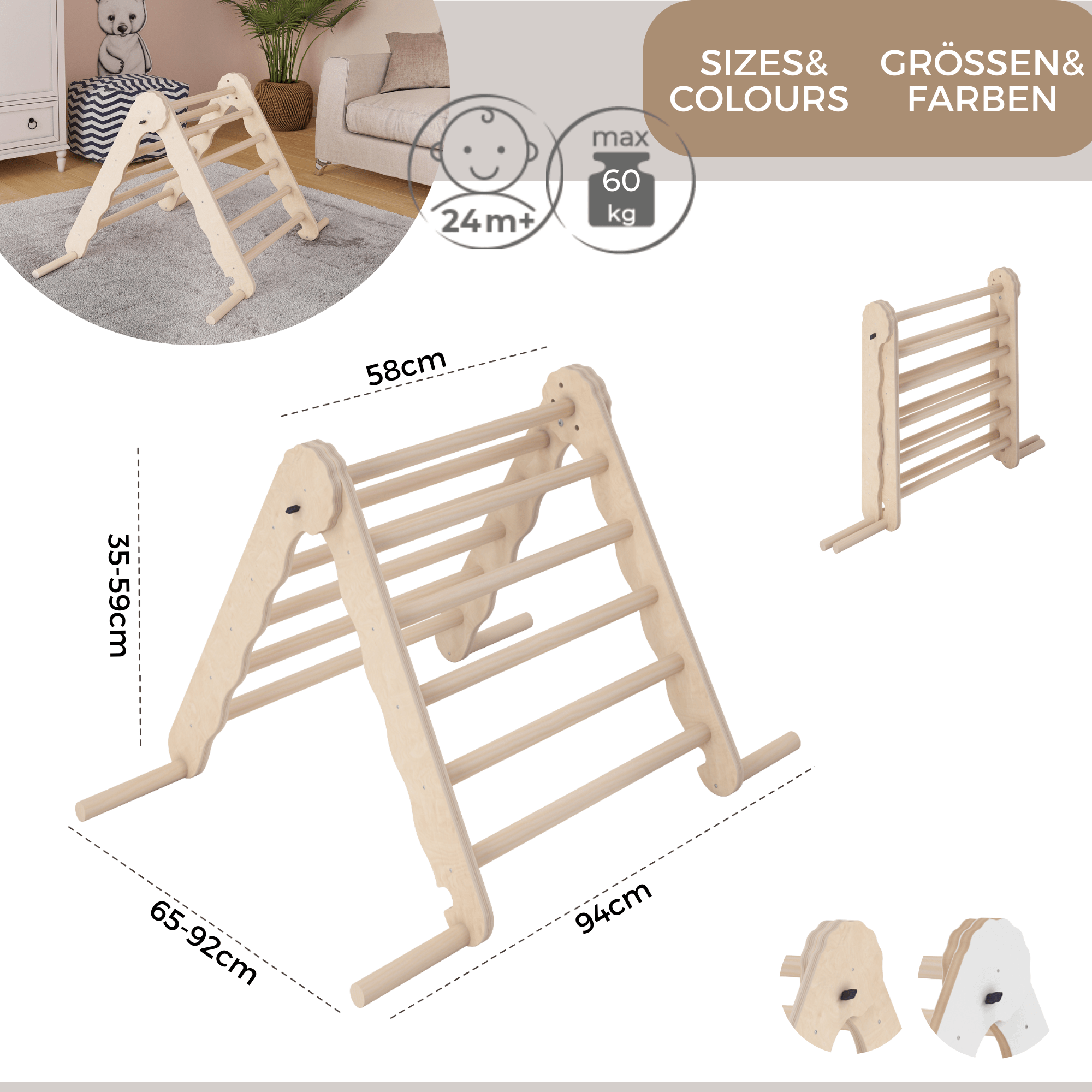 MAMOI® Klettergerüst indoor, Kletterdreieck aus holz, Baby kinder klettern, Kletterturm, Kletterbogen, Regenbogenwippe, Montessori spielzeug ab 1 jahr 2/3 jahre