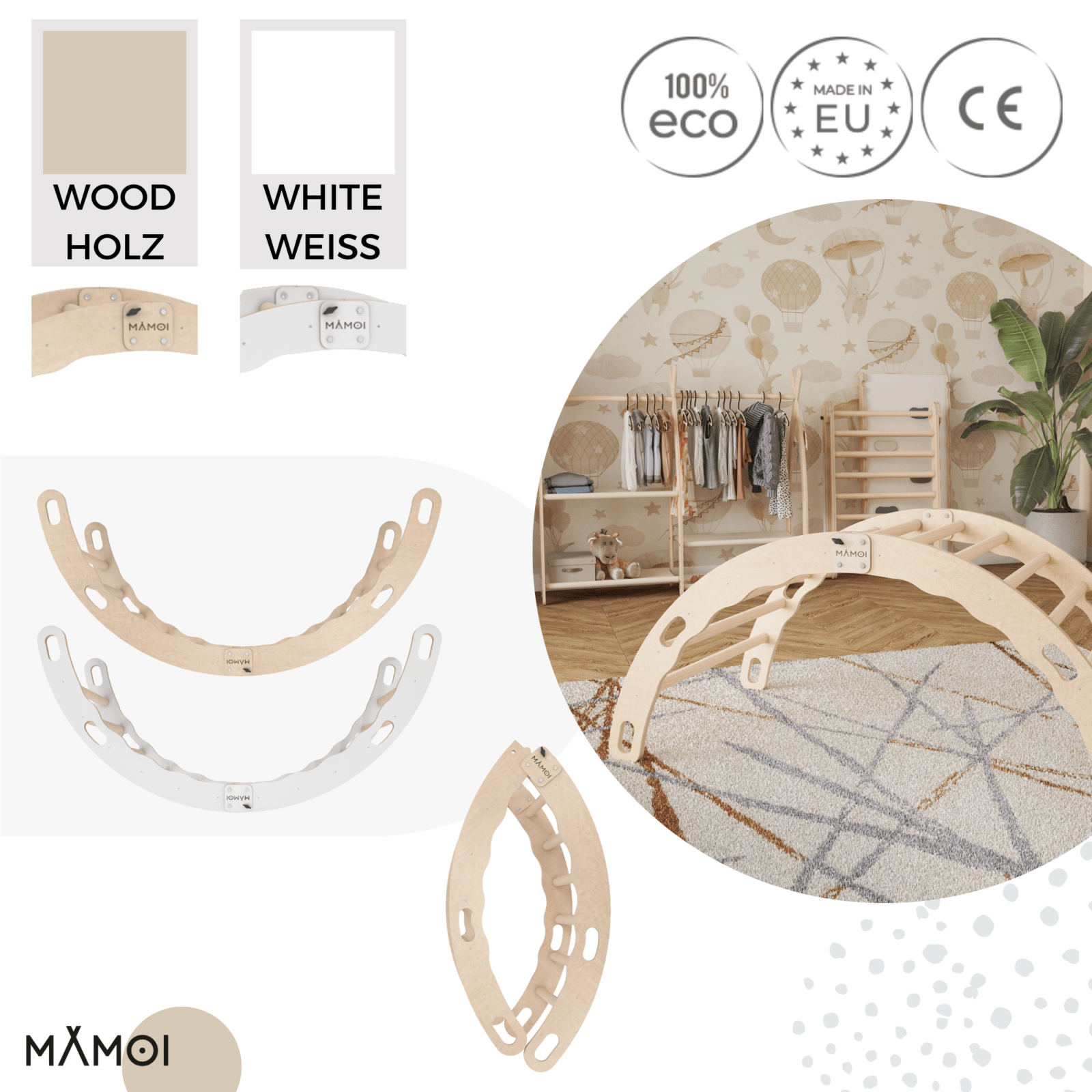 MAMOI® Kletterbogen, Kletterdreieck, Baby klettern, Regenbogenwippe aus holz, Holzbogen für Kinder, Spielplatz, Klettergerüst indoor ab 1 jahr 2/3 jahre, Montessori