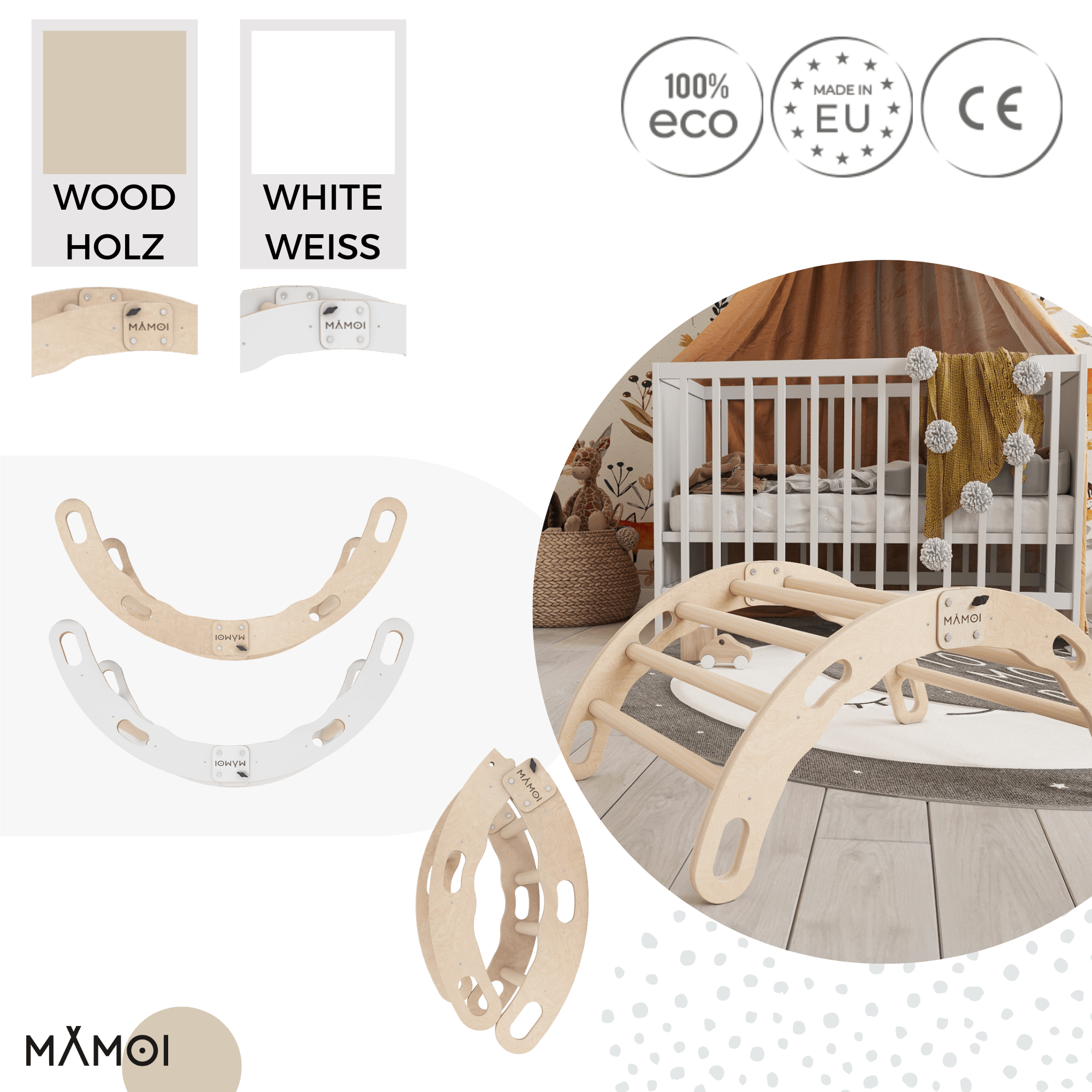 MAMOI® Kletterbogen, Kletterdreieck, Baby klettern, Regenbogenwippe aus holz, Holzbogen für Kinder, Spielplatz, Klettergerüst indoor ab 1 jahr 2/3 jahre, Montessori