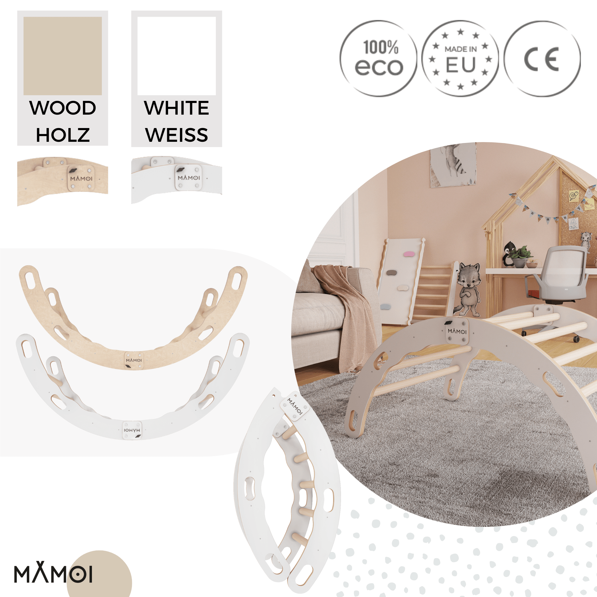MAMOI® Kletterbogen, Kletterdreieck, Baby klettern, Regenbogenwippe aus holz, Holzbogen für Kinder, Spielplatz, Klettergerüst indoor ab 1 jahr 2/3 jahre, Montessori
