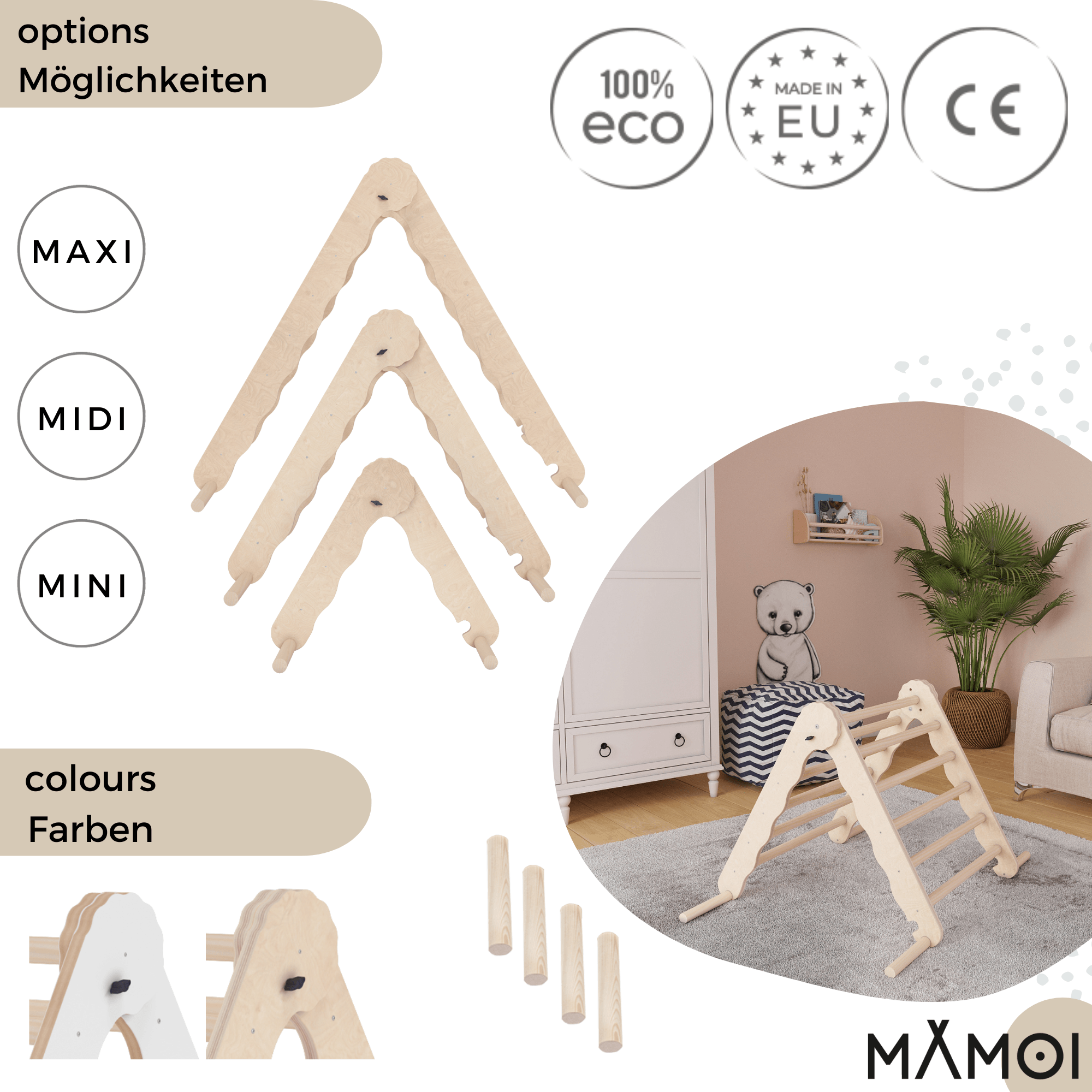 MAMOI® Klettergerüst indoor, Kletterdreieck aus holz, Baby kinder klettern, Kletterturm, Kletterbogen, Regenbogenwippe, Montessori spielzeug ab 1 jahr 2/3 jahre