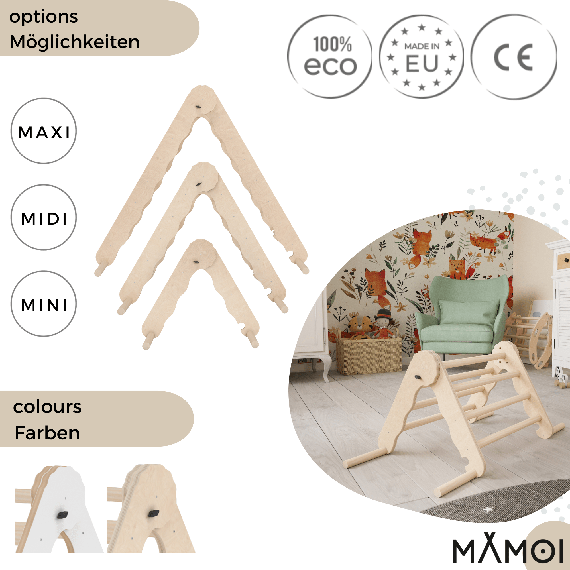 MAMOI® Klettergerüst indoor, Kletterdreieck aus holz, Baby kinder klettern, Kletterturm, Kletterbogen, Regenbogenwippe, Montessori spielzeug ab 1 jahr 2/3 jahre