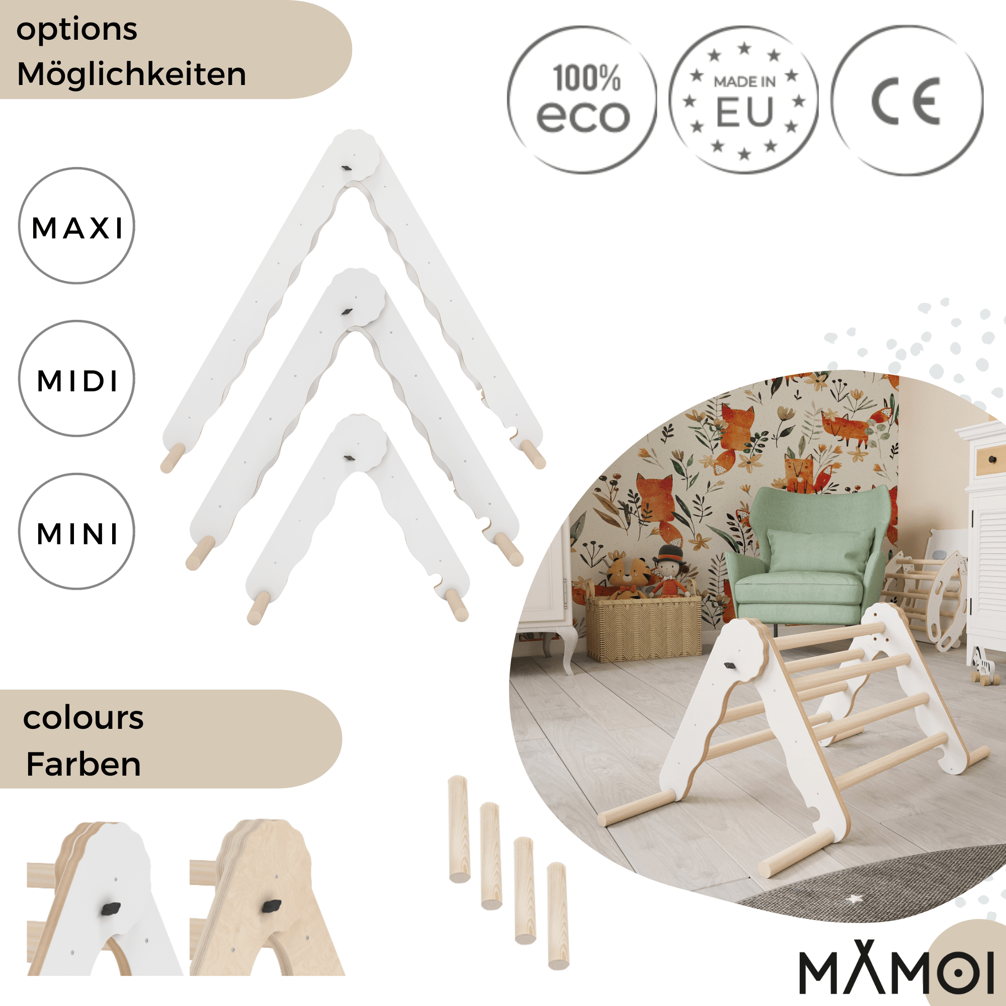 MAMOI® Klettergerüst indoor, Kletterdreieck aus holz, Baby kinder klettern, Kletterturm, Kletterbogen, Regenbogenwippe, Montessori spielzeug ab 1 jahr 2/3 jahre