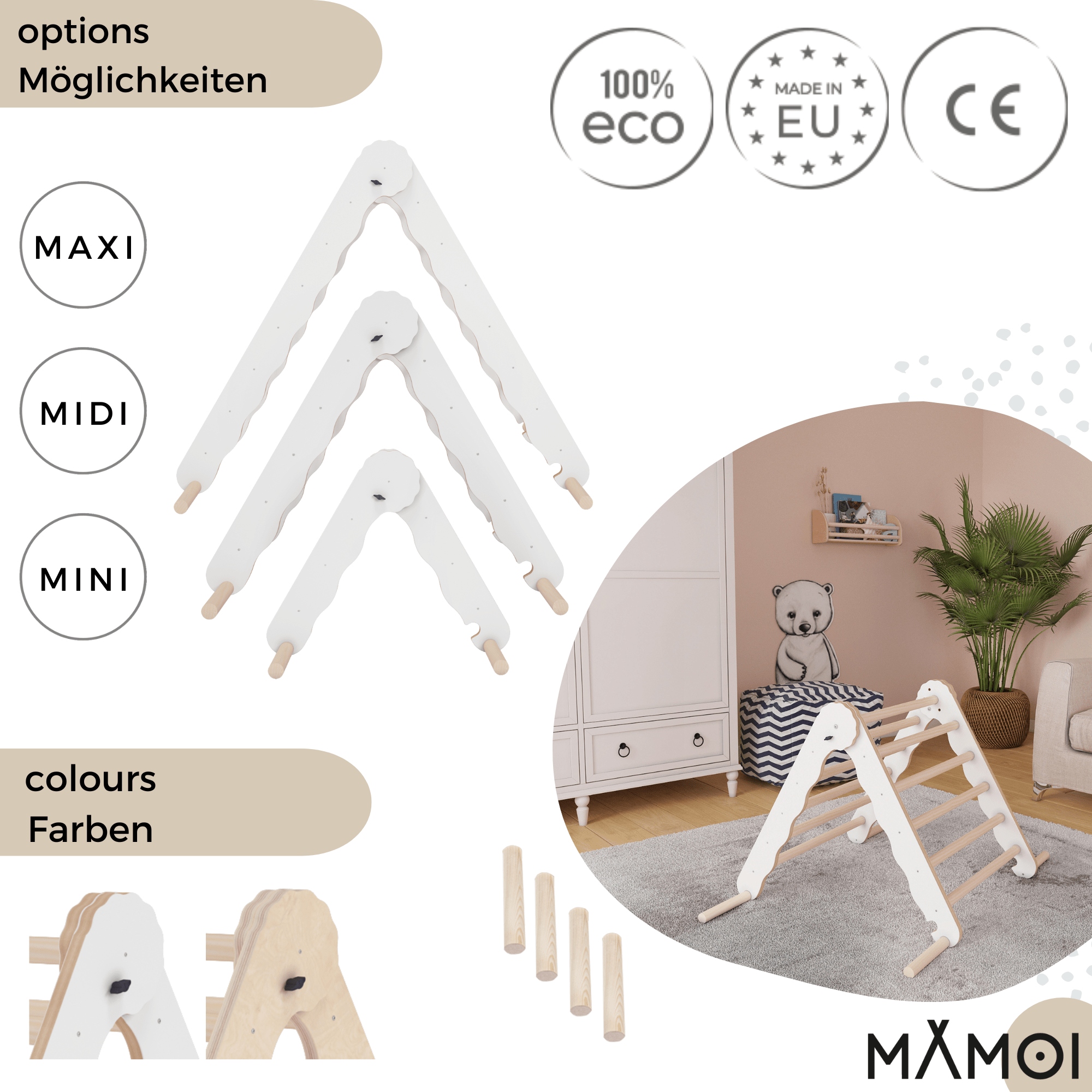 MAMOI® Klettergerüst indoor, Kletterdreieck aus holz, Baby kinder klettern, Kletterturm, Kletterbogen, Regenbogenwippe, Montessori spielzeug ab 1 jahr 2/3 jahre