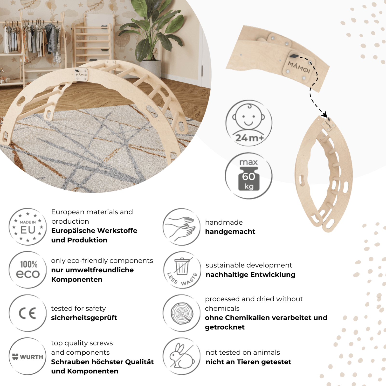 MAMOI® Kletterbogen, Kletterdreieck, Baby klettern, Regenbogenwippe aus holz, Holzbogen für Kinder, Spielplatz, Klettergerüst indoor ab 1 jahr 2/3 jahre, Montessori