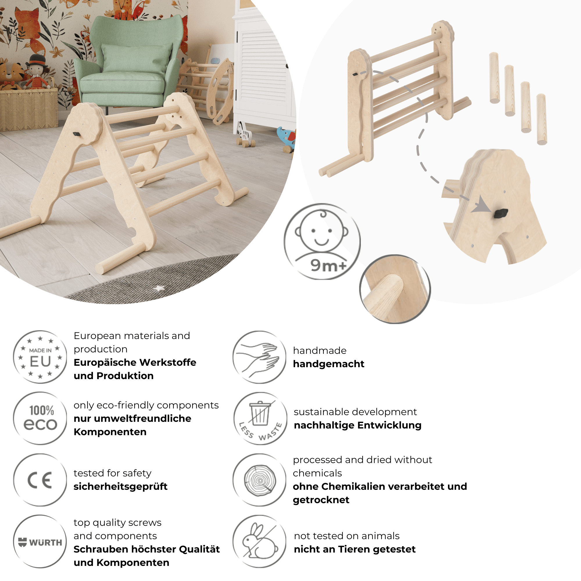 MAMOI® Klettergerüst indoor, Kletterdreieck aus holz, Baby kinder klettern, Kletterturm, Kletterbogen, Regenbogenwippe, Montessori spielzeug ab 1 jahr 2/3 jahre