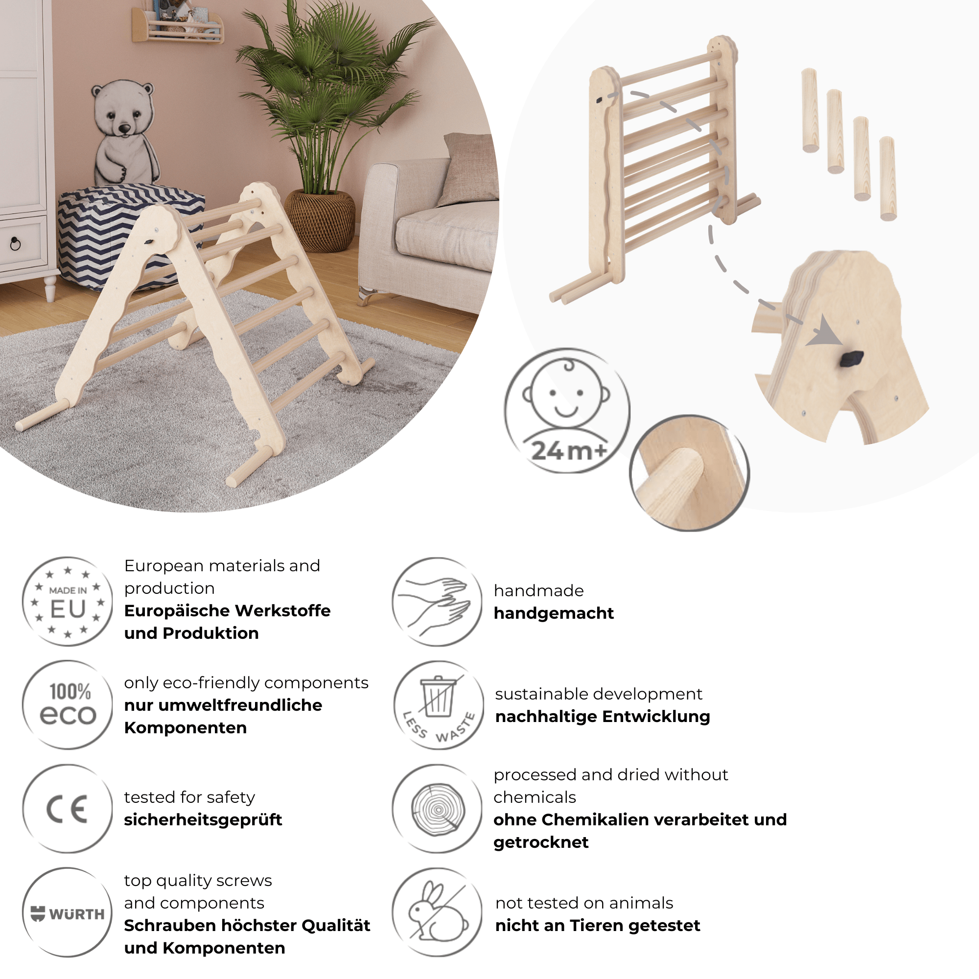 MAMOI® Klettergerüst indoor, Kletterdreieck aus holz, Baby kinder klettern, Kletterturm, Kletterbogen, Regenbogenwippe, Montessori spielzeug ab 1 jahr 2/3 jahre