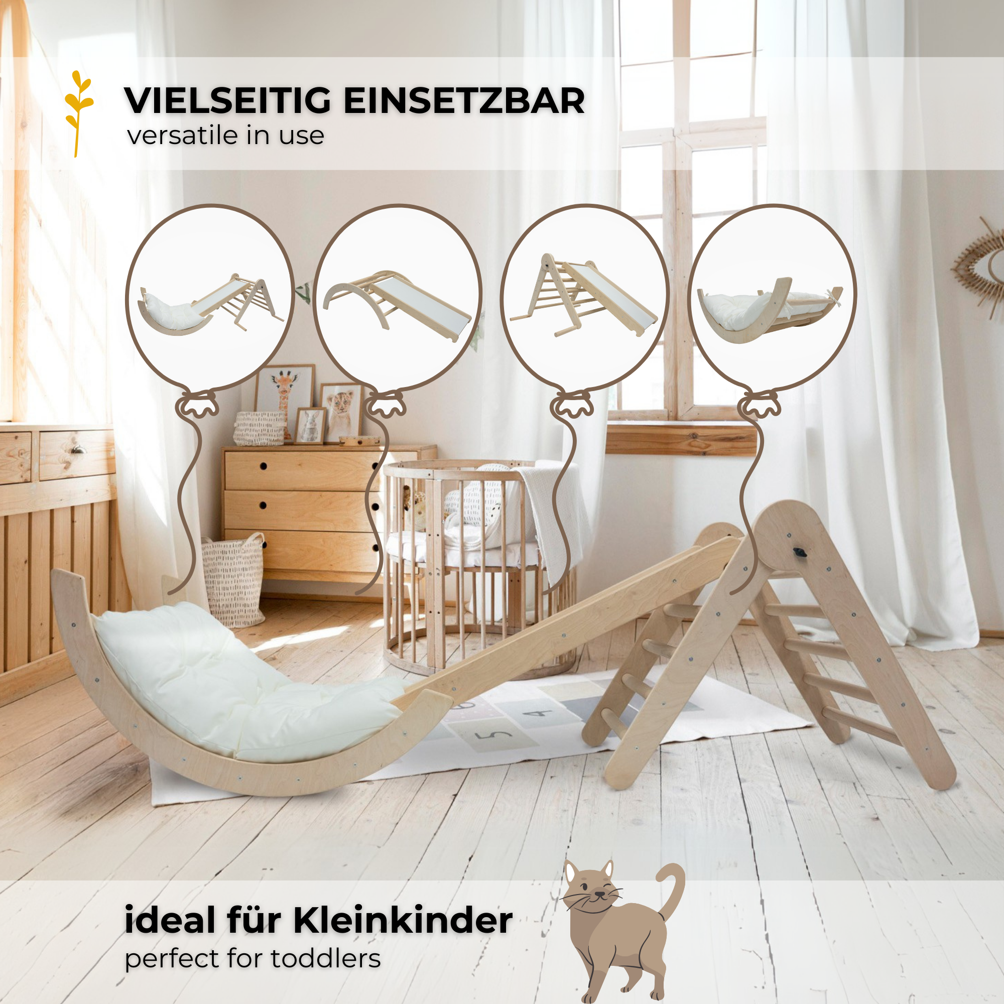 MAMOI® Klettergerüst Kletterdreieck Indoor 4 in 1 SET. Montessori Kletterbogen mit Kissen, Indoor Spielplatz 1-3 Jahre und Rutsche für Kinder.