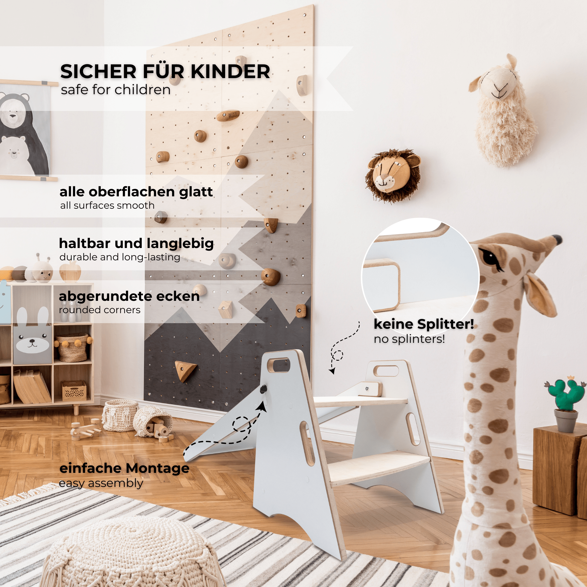 MAMOI® Kinder Indoor Rutsche – 2-in-1 Holzrutsche & Tritthocker | Montessori Kinderrutsche & Küchenhelfer