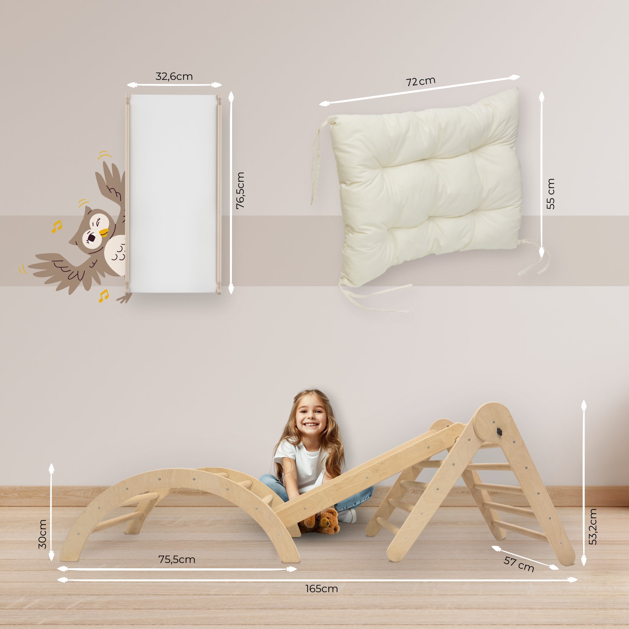 MAMOI® Klettergerüst Kletterdreieck Indoor 4 in 1 SET. Montessori Kletterbogen mit Kissen, Indoor Spielplatz 1-3 Jahre und Rutsche für Kinder.