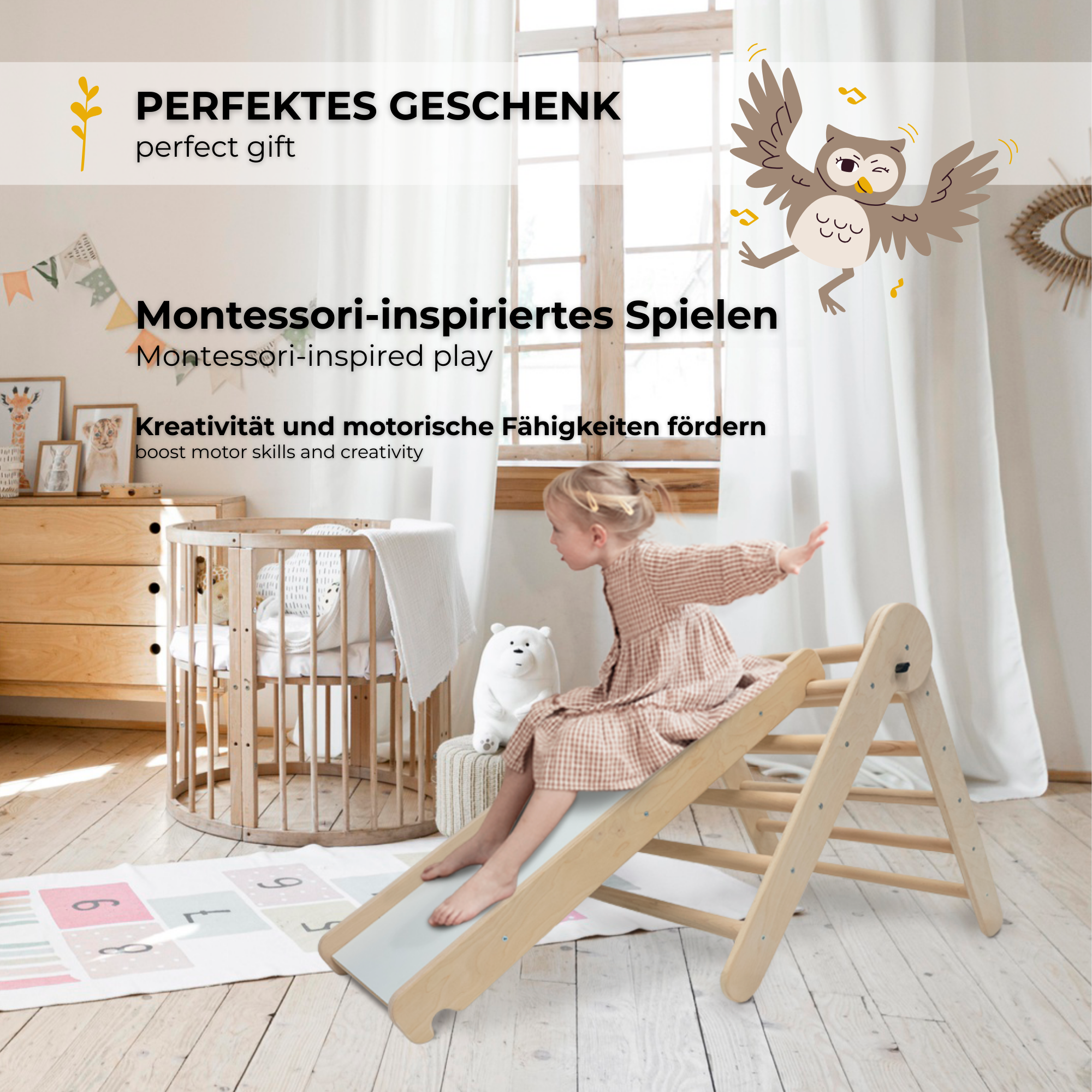 MAMOI® Klettergerüst Kletterdreieck Indoor 4 in 1 SET. Montessori Kletterbogen mit Kissen, Indoor Spielplatz 1-3 Jahre und Rutsche für Kinder.