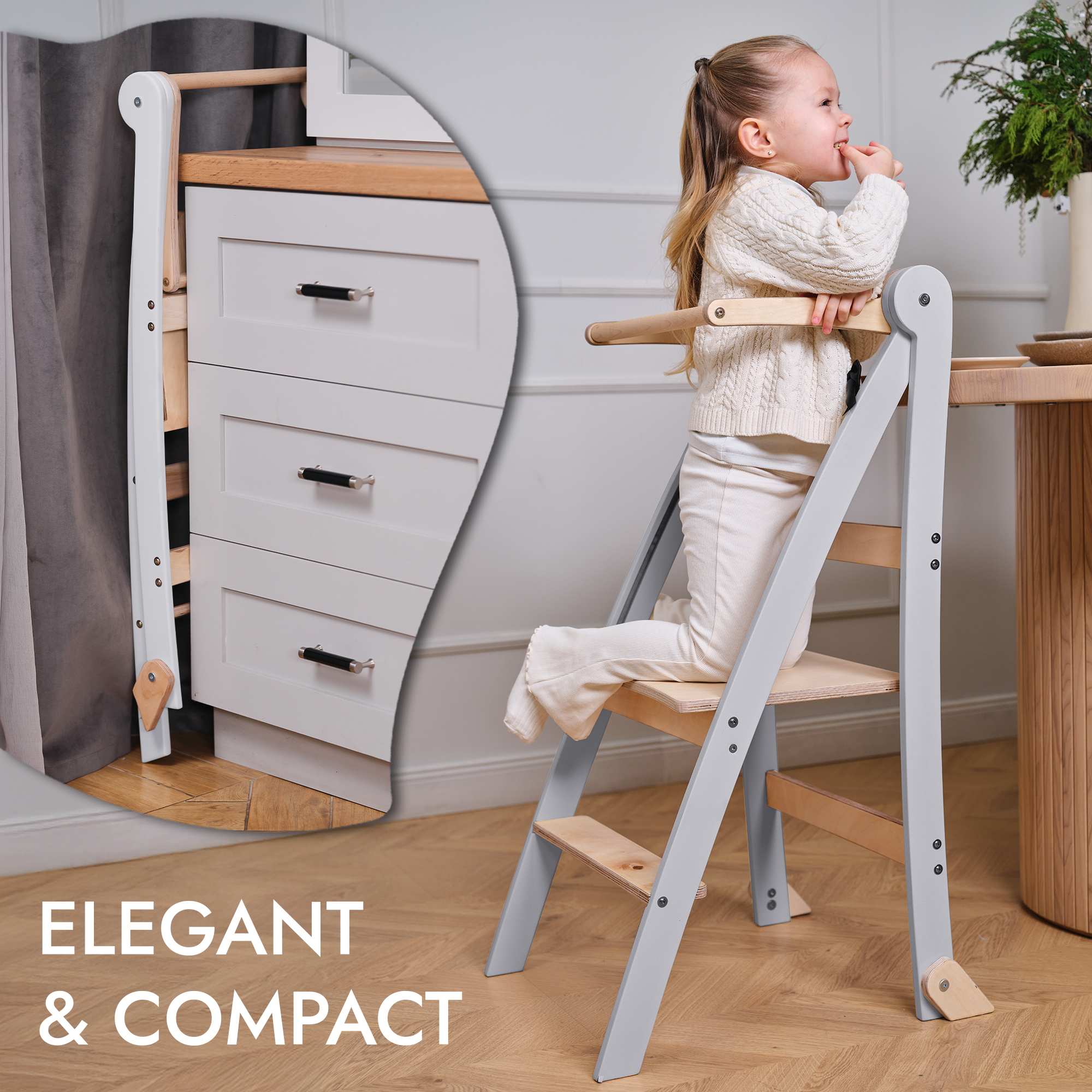 Folding Helping Stool – Montessori Growing Chair with Safety Rails for Toddlers – Grey