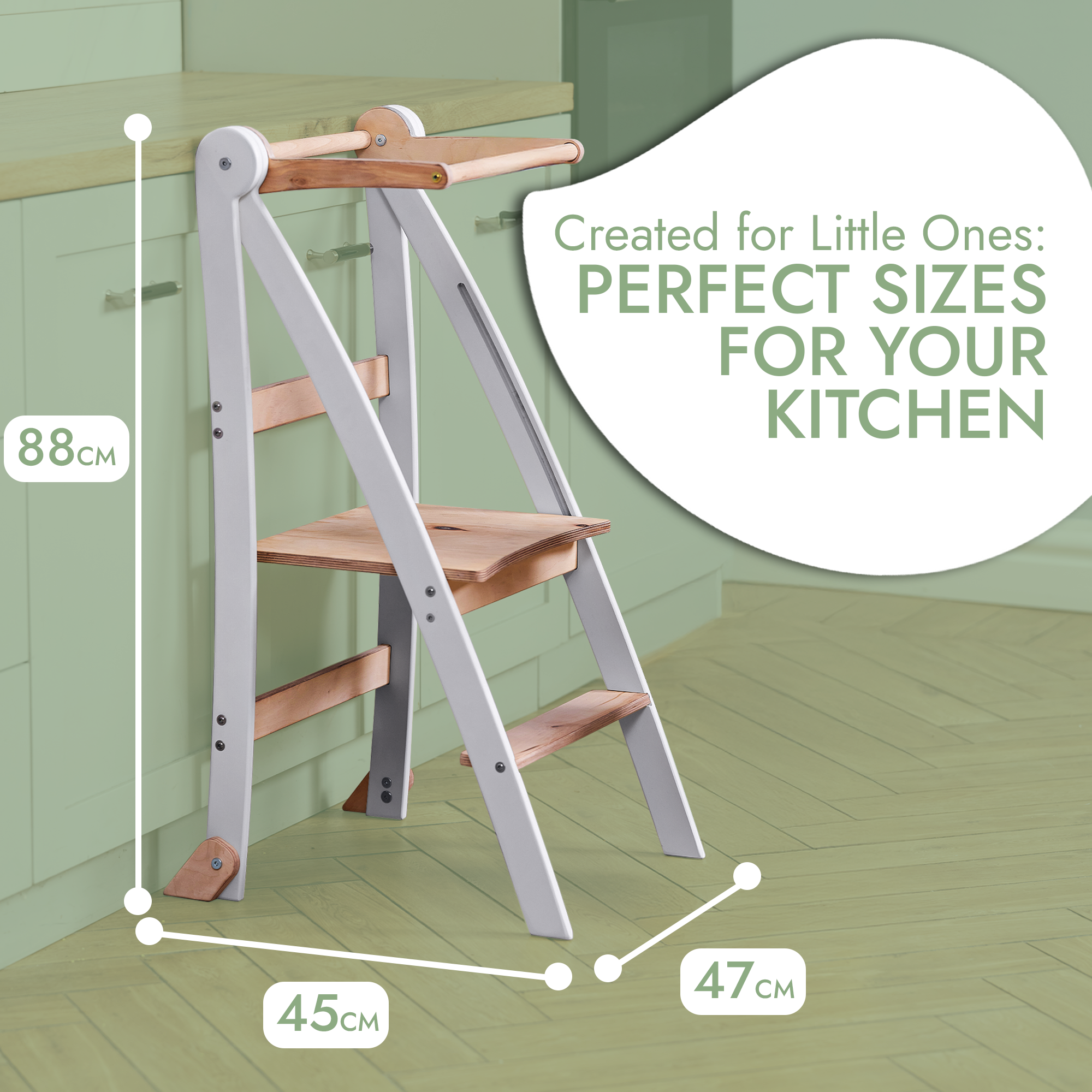 Folding Helping Stool – Montessori Growing Chair with Safety Rails for Toddlers – Grey