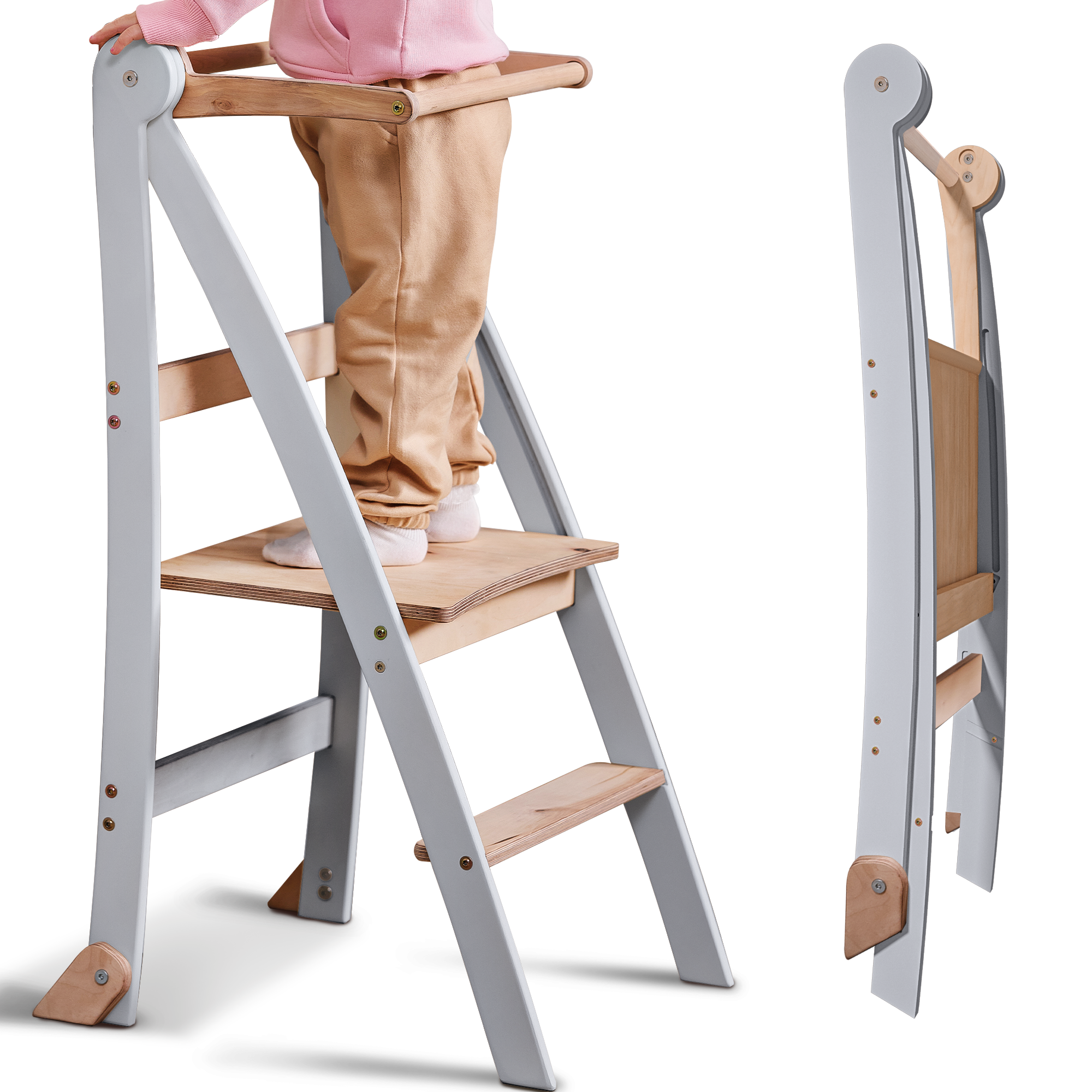 Folding Helping Stool – Montessori Growing Chair with Safety Rails for Toddlers – Grey