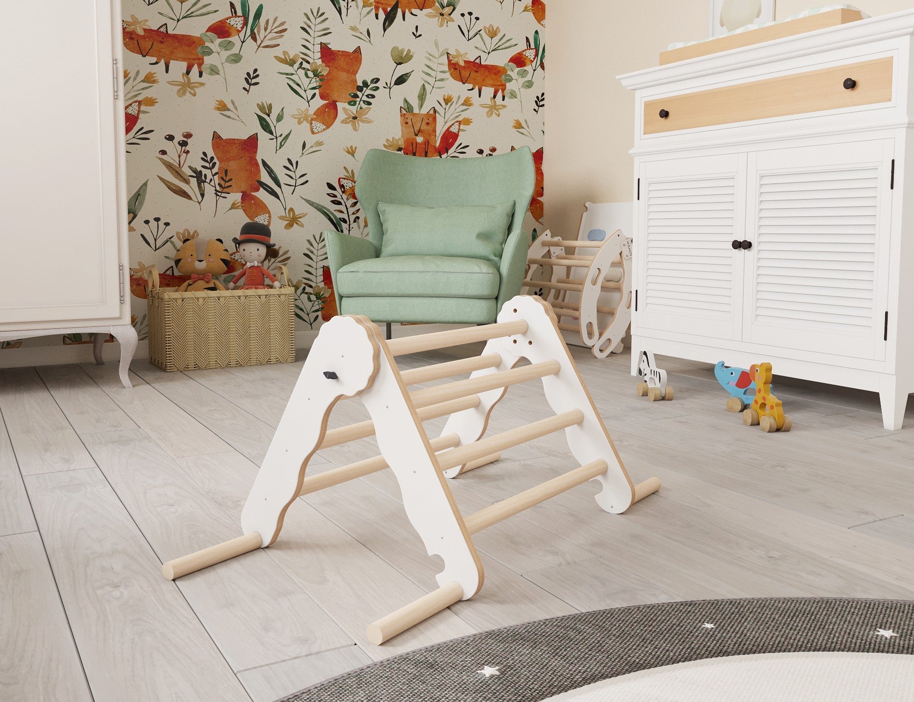 MAMOI® Klettergerüst indoor, Kletterdreieck aus holz, Baby kinder klettern, Kletterturm, Kletterbogen, Regenbogenwippe, Montessori spielzeug ab 1 jahr 2/3 jahre