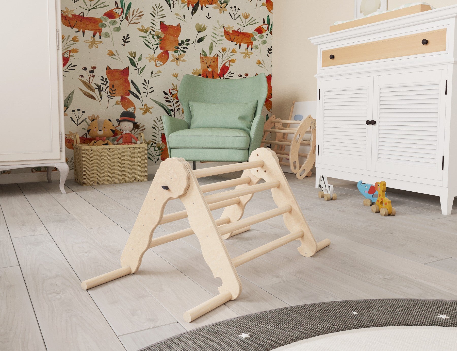 MAMOI® Klettergerüst indoor, Kletterdreieck aus holz, Baby kinder klettern, Kletterturm, Kletterbogen, Regenbogenwippe, Montessori spielzeug ab 1 jahr 2/3 jahre