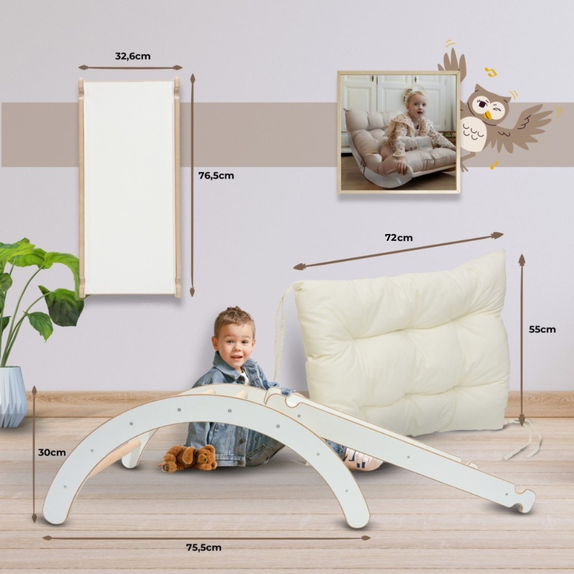 MAMOI® Klettergerüst  Indoor 3 in 1 SET. Montessori Kletterbogen mit Kissen, Indoor Spielplatz 1-3 Jahre und Rutsche für Kinder.