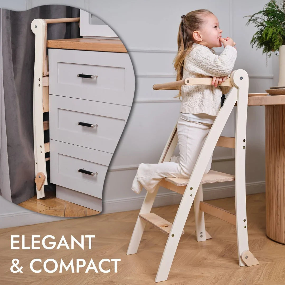 Folding Growing Chair– Montessori Step Stool with Safety Rails for Toddlers – White