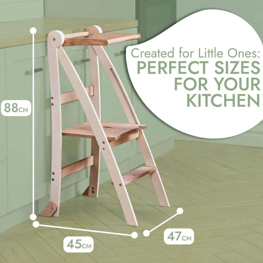 Folding Growing Chair– Montessori Step Stool with Safety Rails for Toddlers – White