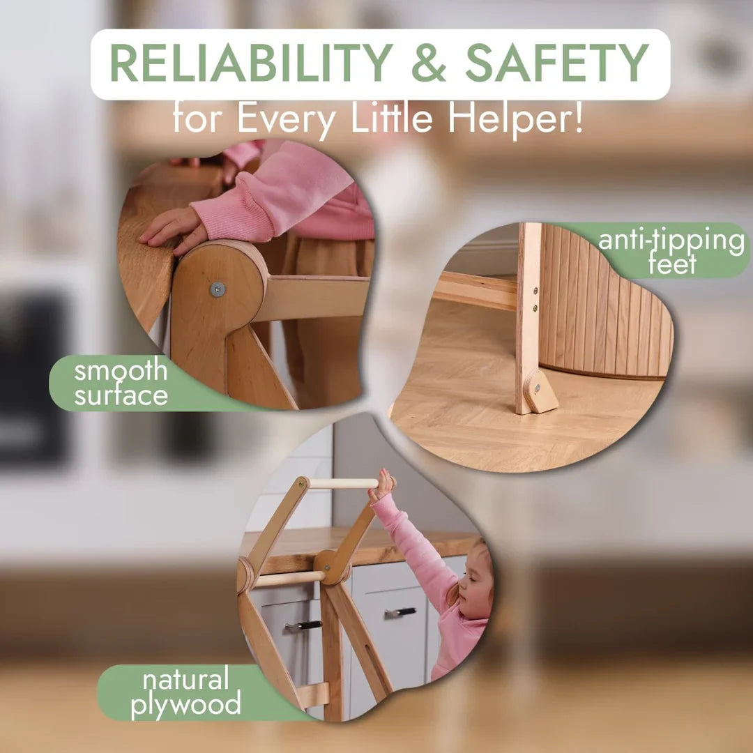 Folding Growing Chair – Montessori Step Stool with Safety Rails for Toddlers – Beige