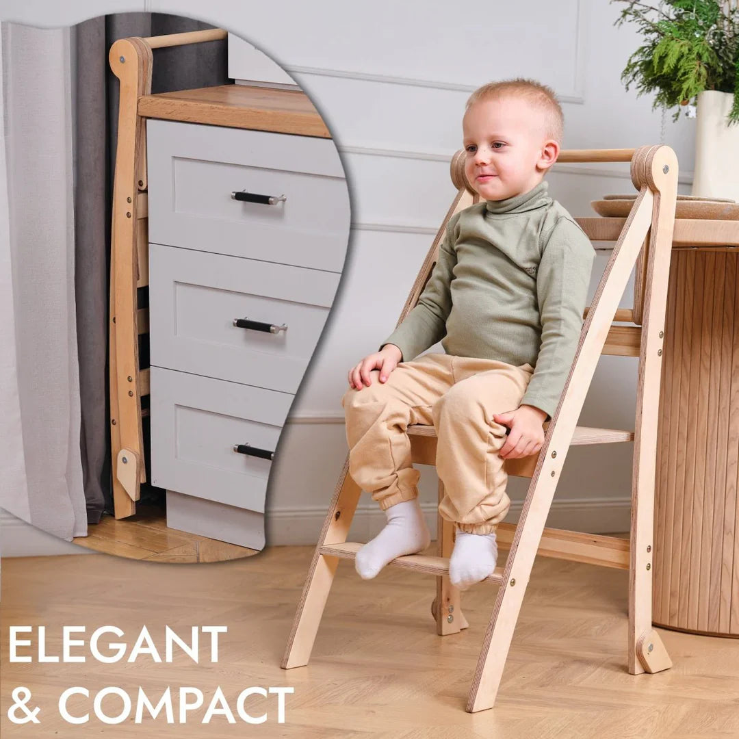 Folding Growing Chair – Montessori Step Stool with Safety Rails for Toddlers – Beige