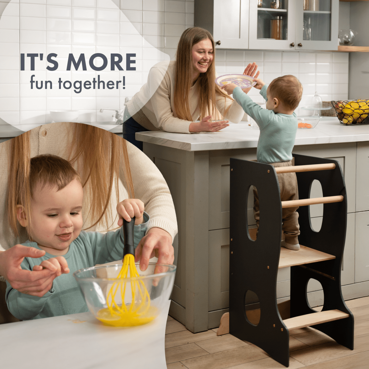 Stable Montessori Tower – Wooden Growing Chair with Cut-Out Handles – Grey