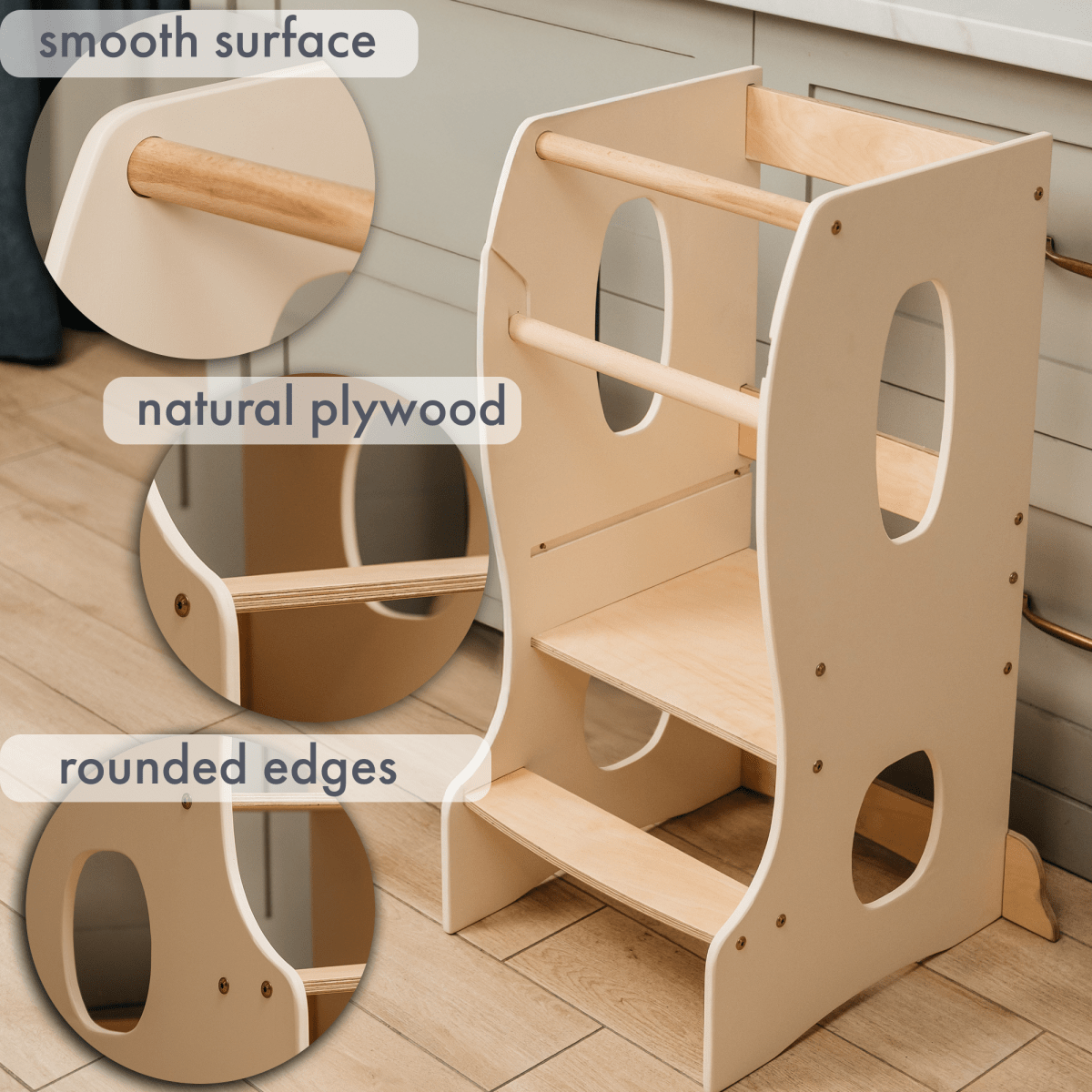 Stable Montessori Tower – Wooden Growing Chair with Cut-Out Handles – Ivory