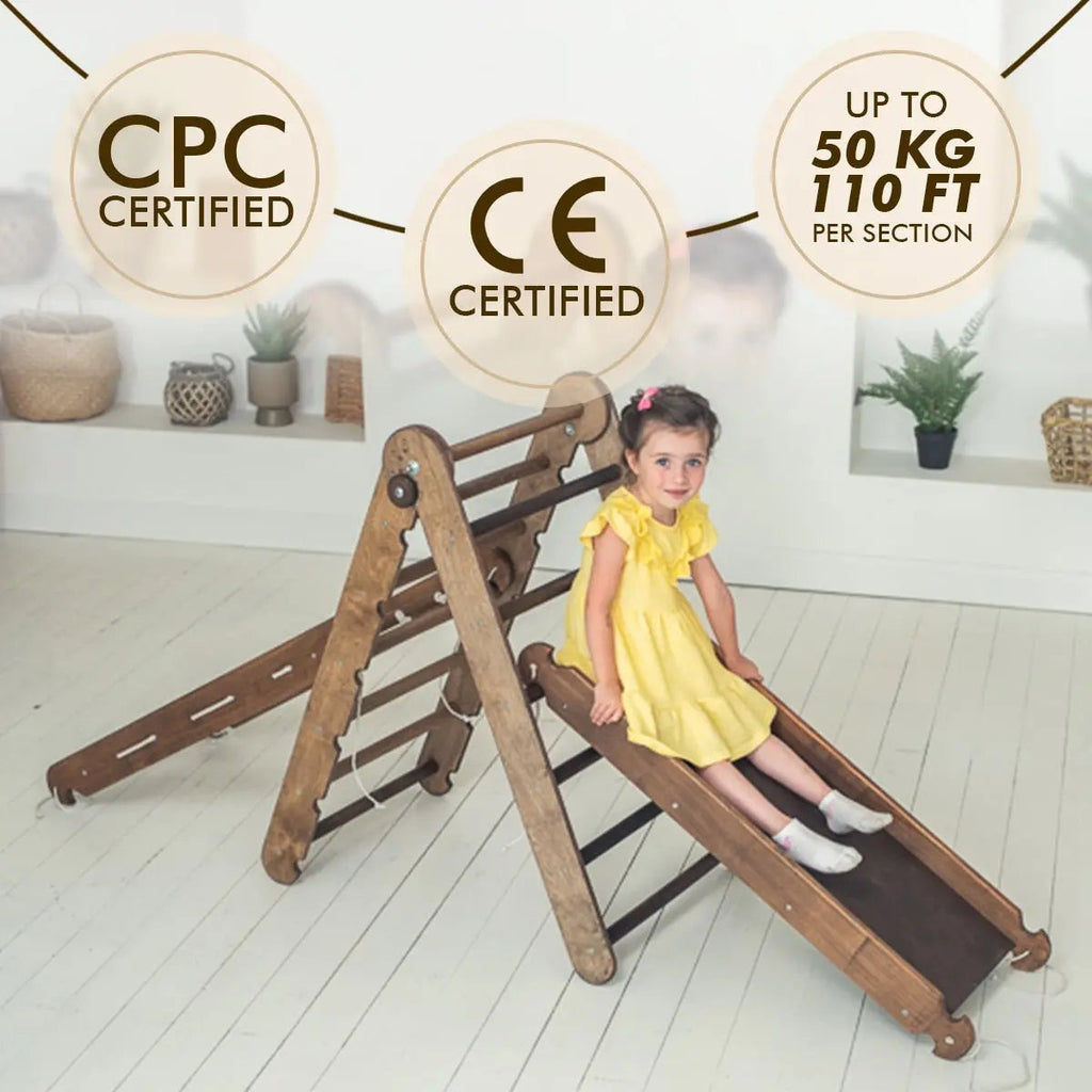 3in1 Montessori Climbing Set: Triangle Ladder + Slide Board + Net – Chocolate