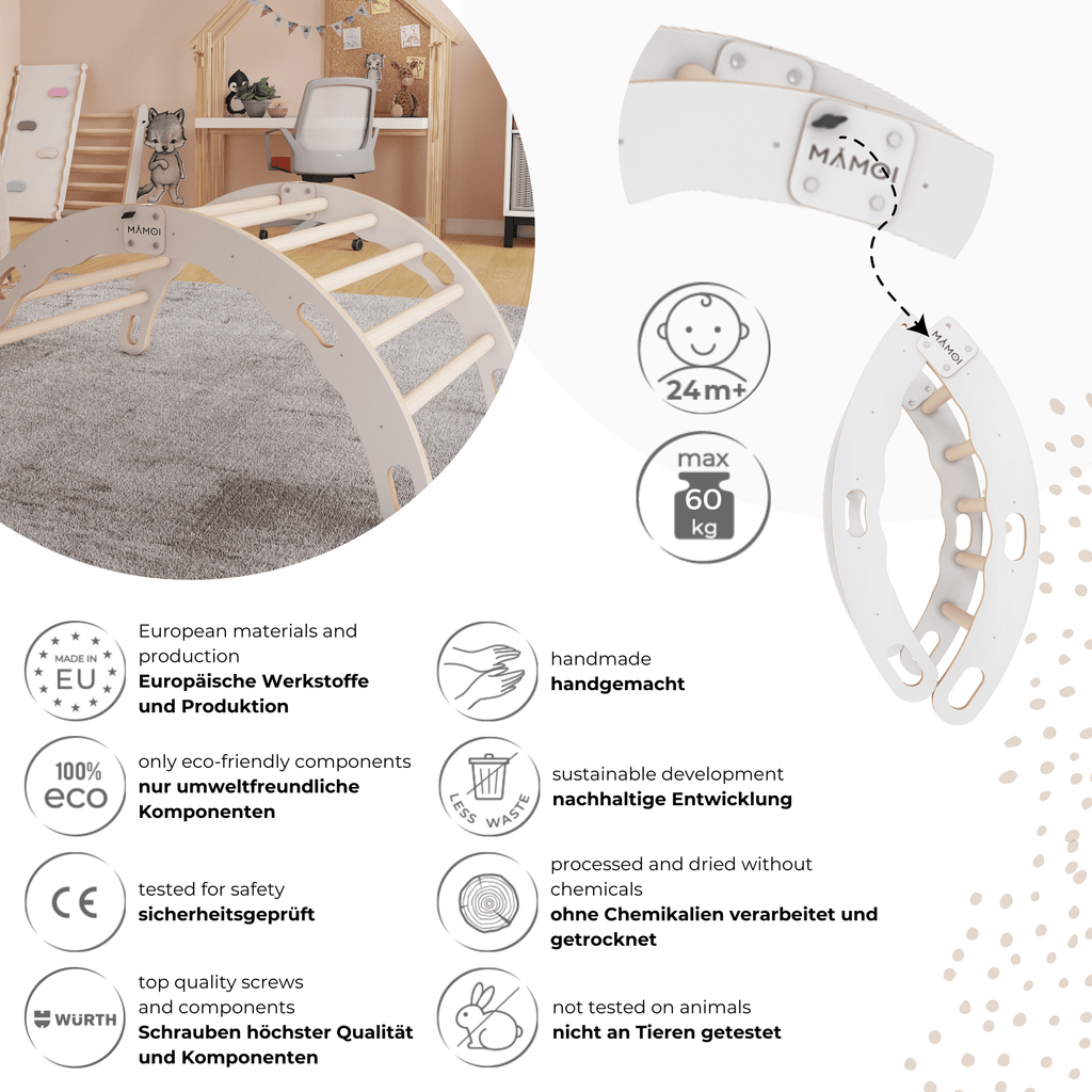 MAMOI® Kletterbogen, Kletterdreieck, Baby klettern, Regenbogenwippe aus holz, Holzbogen für Kinder, Spielplatz, Klettergerüst indoor ab 1 jahr 2/3 jahre, Montessori