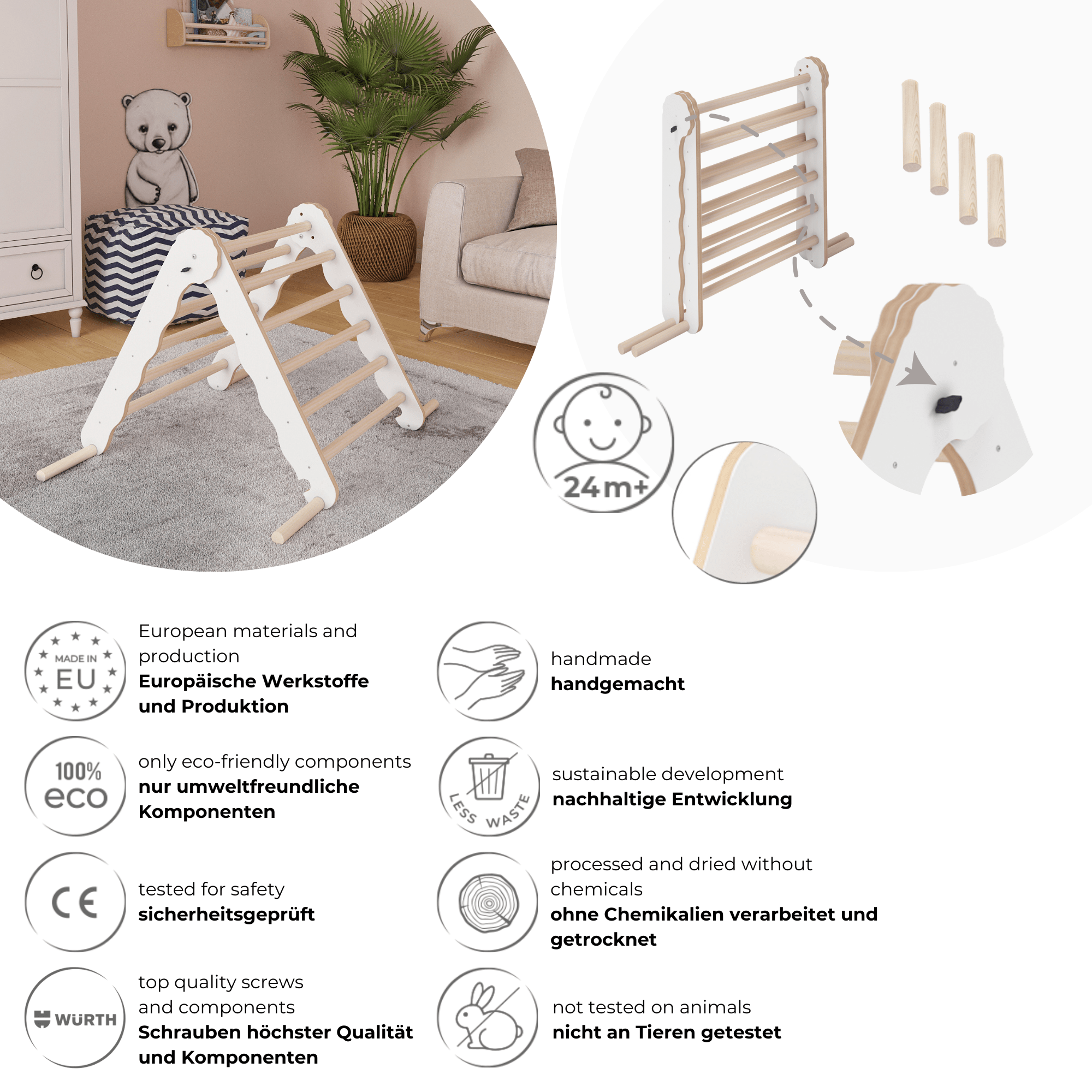 MAMOI® Klettergerüst indoor, Kletterdreieck aus holz, Baby kinder klettern, Kletterturm, Kletterbogen, Regenbogenwippe, Montessori spielzeug ab 1 jahr 2/3 jahre