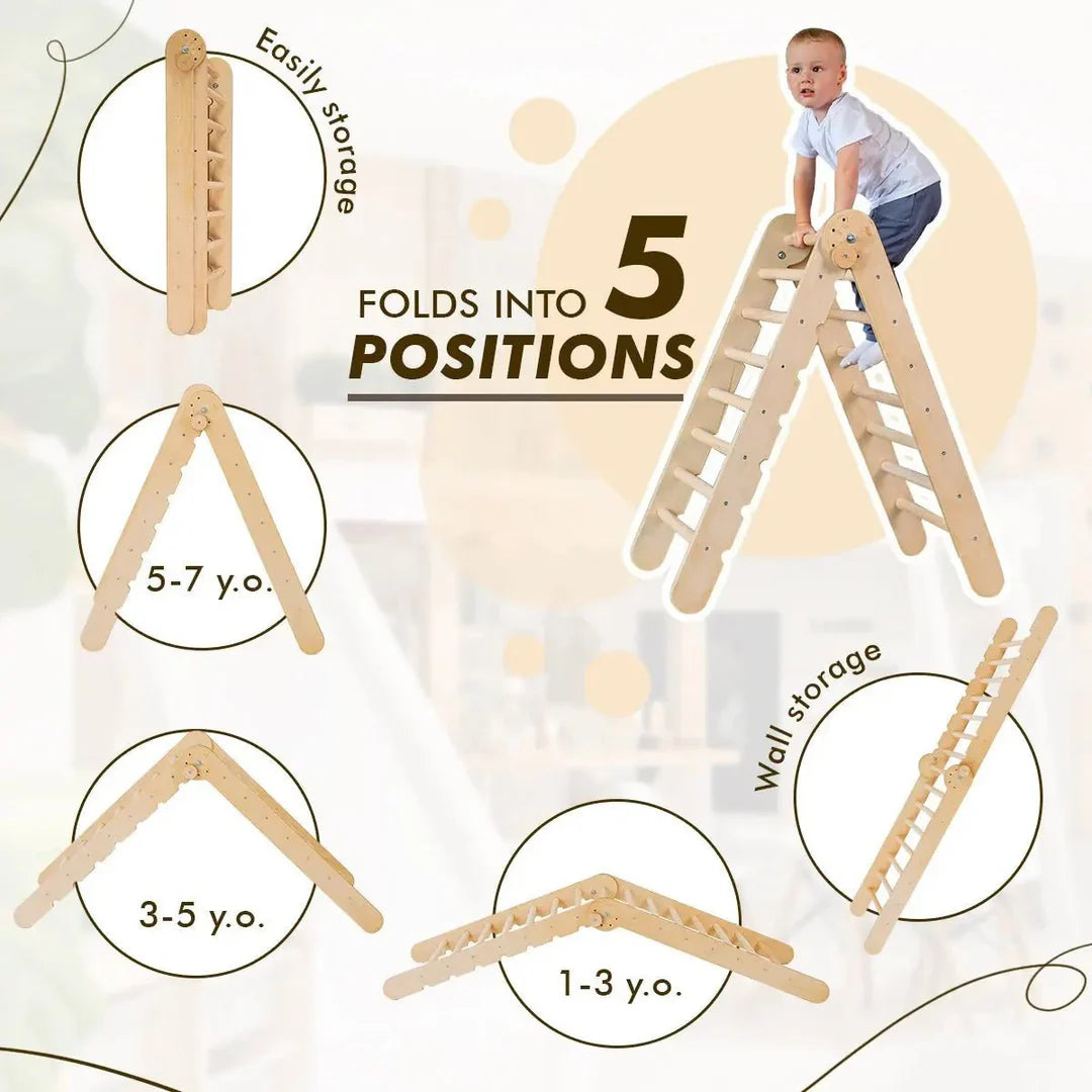 5in1 Montessori Climbing Frame: Triangle Ladder + Slide Board+ Climbing Net + Art Add-on