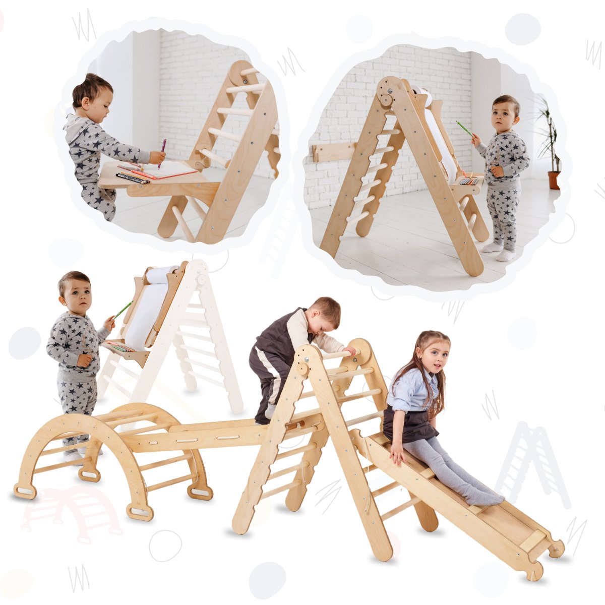 5in1 Montessori Climbing Frame: Triangle Ladder + Slide Board+ Climbing Net + Art Add-on