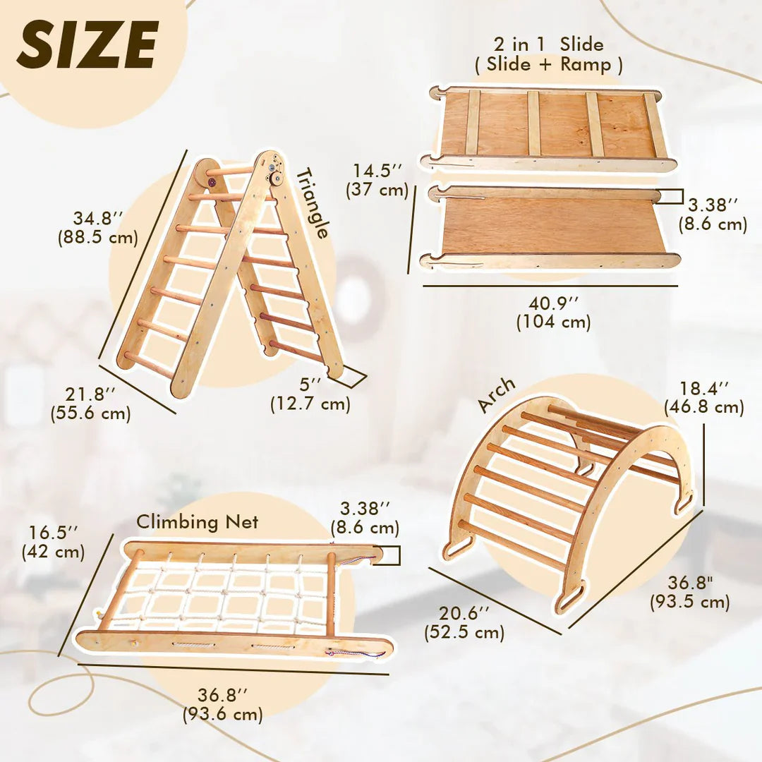 5in1 Montessori Climbing Frame: Triangle Ladder + Slide Board+ Climbing Net + Art Add-on