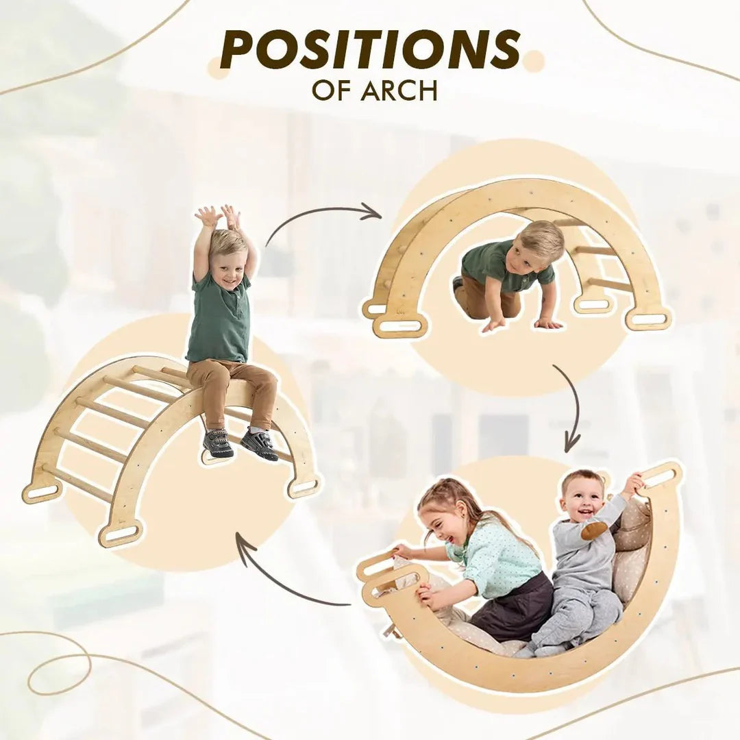 6in1 Montessori Climbing Frame: Pikler Triangle + Climbing Arch + Slide Board + Net + Cushion + Art Addition