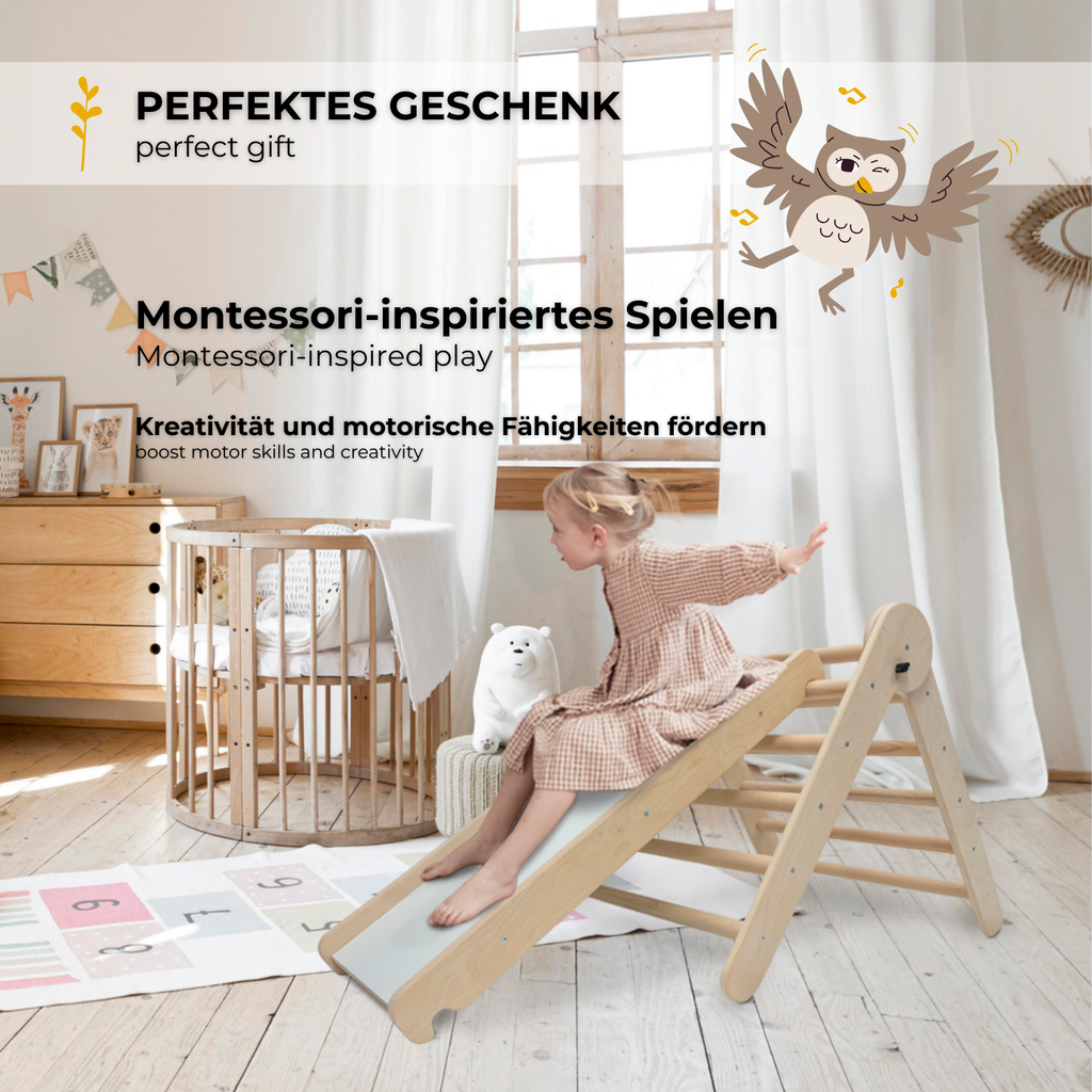 MAMOI® Klettergerüst Kletterdreieck Indoor 4 in 1 SET. Montessori Kletterbogen mit Kissen, Indoor Spielplatz 1-3 Jahre und Rutsche für Kinder.