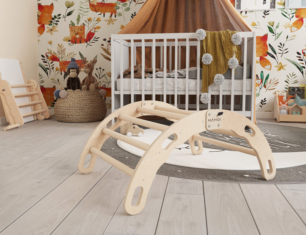 MAMOI® Kletterbogen, Kletterdreieck, Baby klettern, Regenbogenwippe aus holz, Holzbogen für Kinder, Spielplatz, Klettergerüst indoor ab 1 jahr 2/3 jahre, Montessori