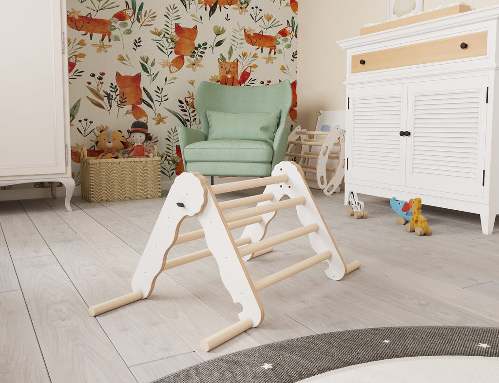MAMOI® Klettergerüst indoor, Kletterdreieck aus holz, Baby kinder klettern, Kletterturm, Kletterbogen, Regenbogenwippe, Montessori spielzeug ab 1 jahr 2/3 jahre