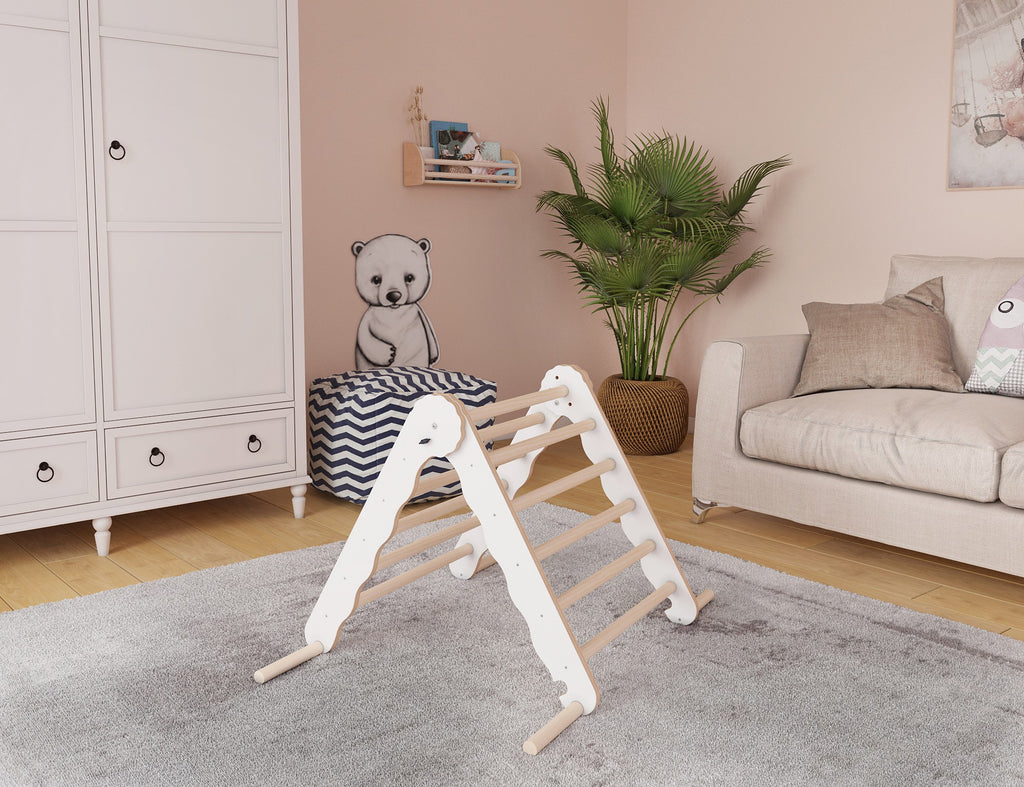 MAMOI® Klettergerüst indoor, Kletterdreieck aus holz, Baby kinder klettern, Kletterturm, Kletterbogen, Regenbogenwippe, Montessori spielzeug ab 1 jahr 2/3 jahre