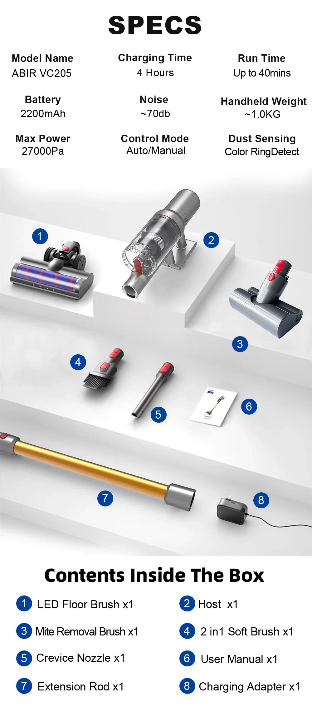 ABIR VC205 Cordless Handheld Vacuum Cleaner,27000PA,Touch Screen,Smart Dust Sensor,Auto Speed Control for Home Bed Carpet Clean - Nestkin Store