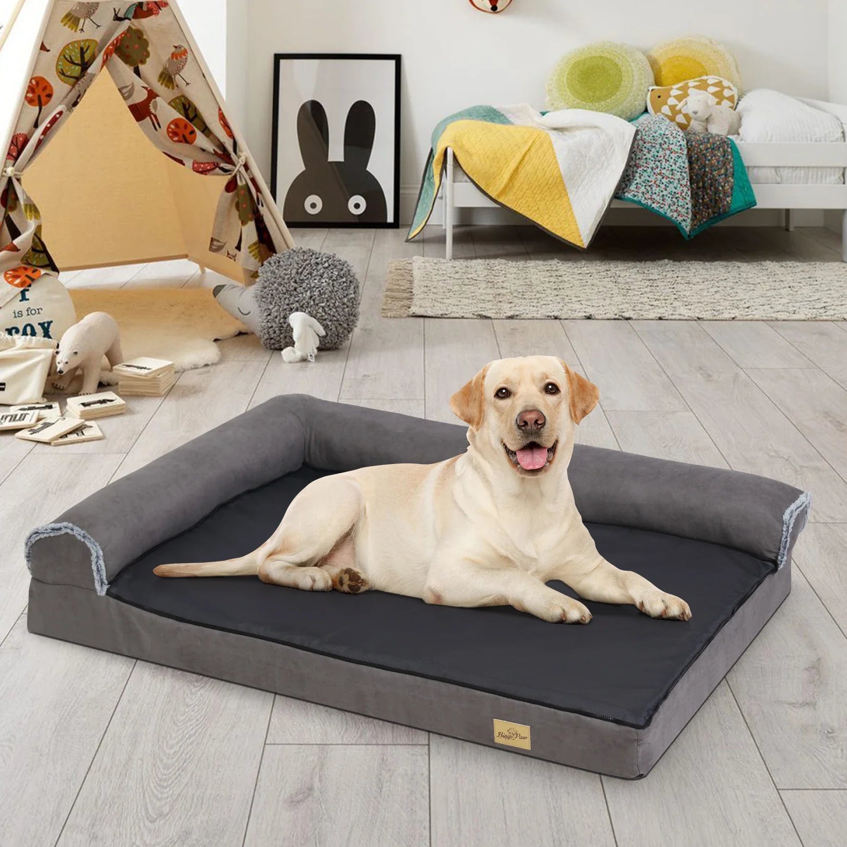 BigngoPaw Heavy Duty Dog Bed for Large Medium Super Soft L-shape Pet Calming Bed Chaise Sofa Kennel Mat w/ Removable Plush Cover - Nestkin Store