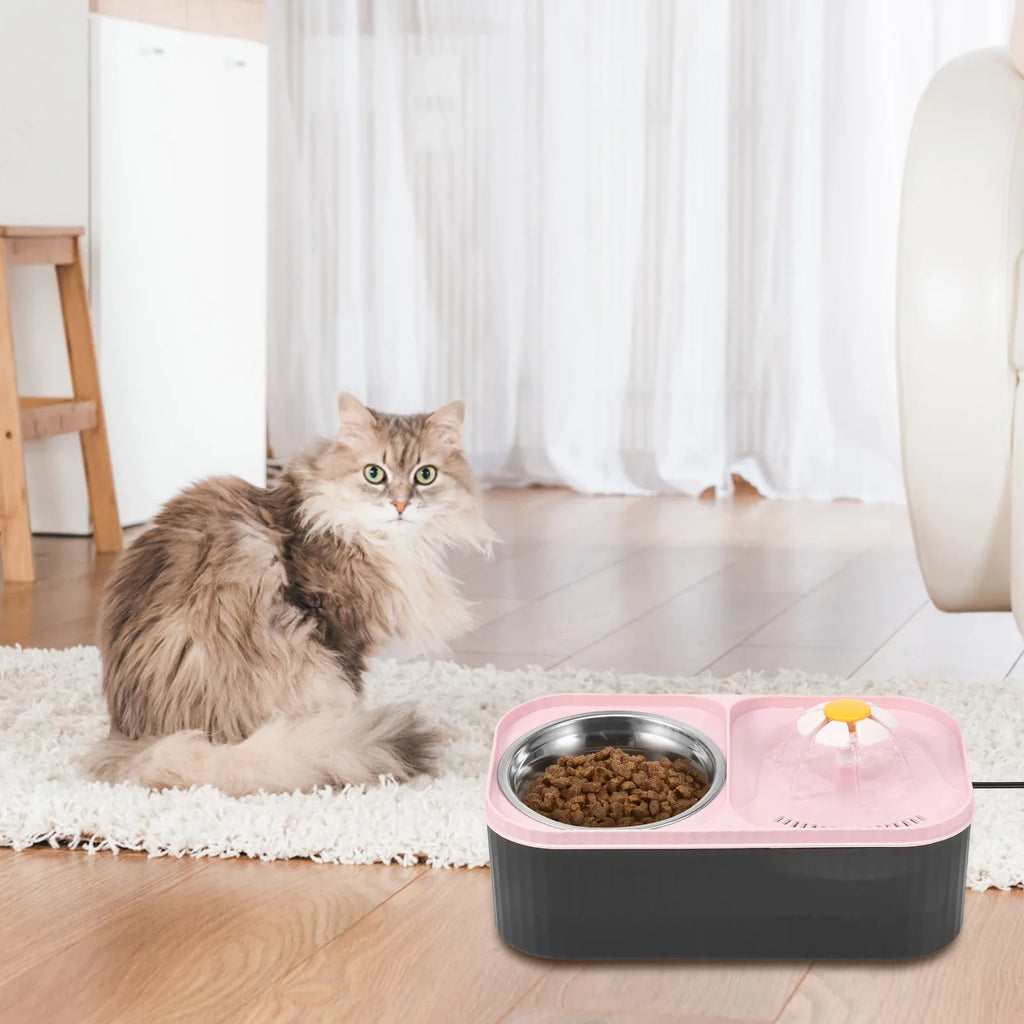 2 in 1 Cat Water Fountain and Food Bowl 3L Automatic Pet Water Fountain with Quadruple Filtration System Stainless Steel Bowl - Nestkin Store