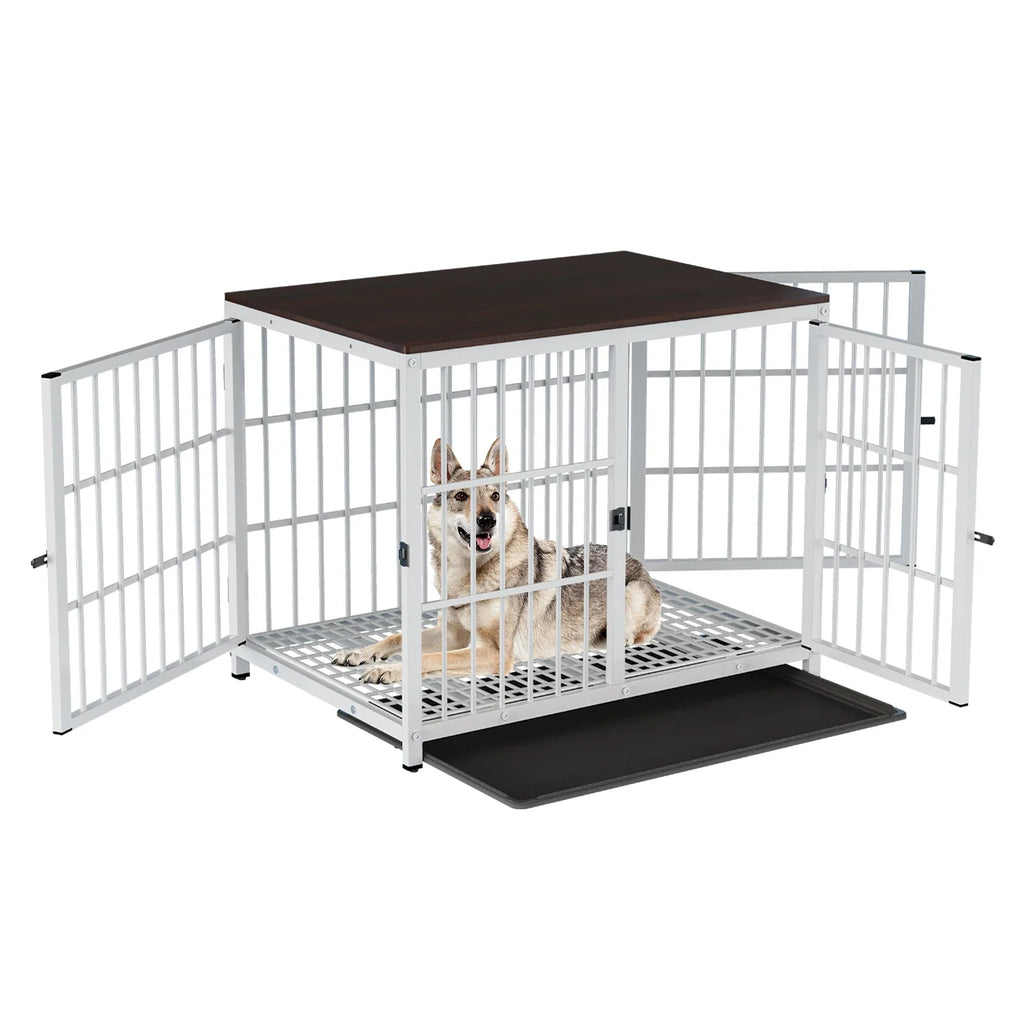 Heavy Duty Dog Kennels Metal Wooden Dog Crate End Table Furniture Style Pet Cage with Three Doors and Removable Tray - Nestkin Store