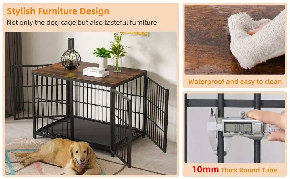 Heavy Duty Dog Kennels Metal Wooden Dog Crate End Table Furniture Style Pet Cage with Three Doors and Removable Tray - Nestkin Store