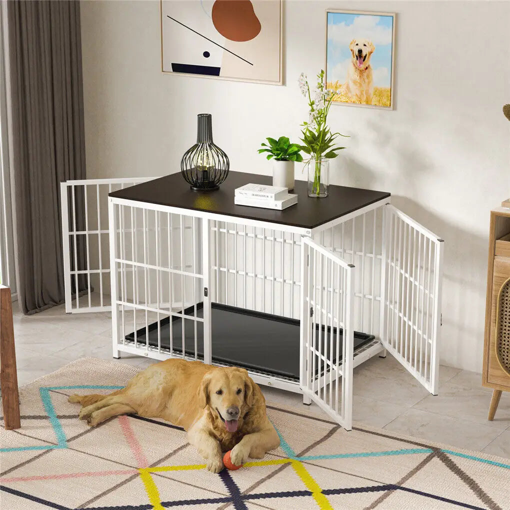 Heavy Duty Dog Kennels Metal Wooden Dog Crate End Table Furniture Style Pet Cage with Three Doors and Removable Tray - Nestkin Store