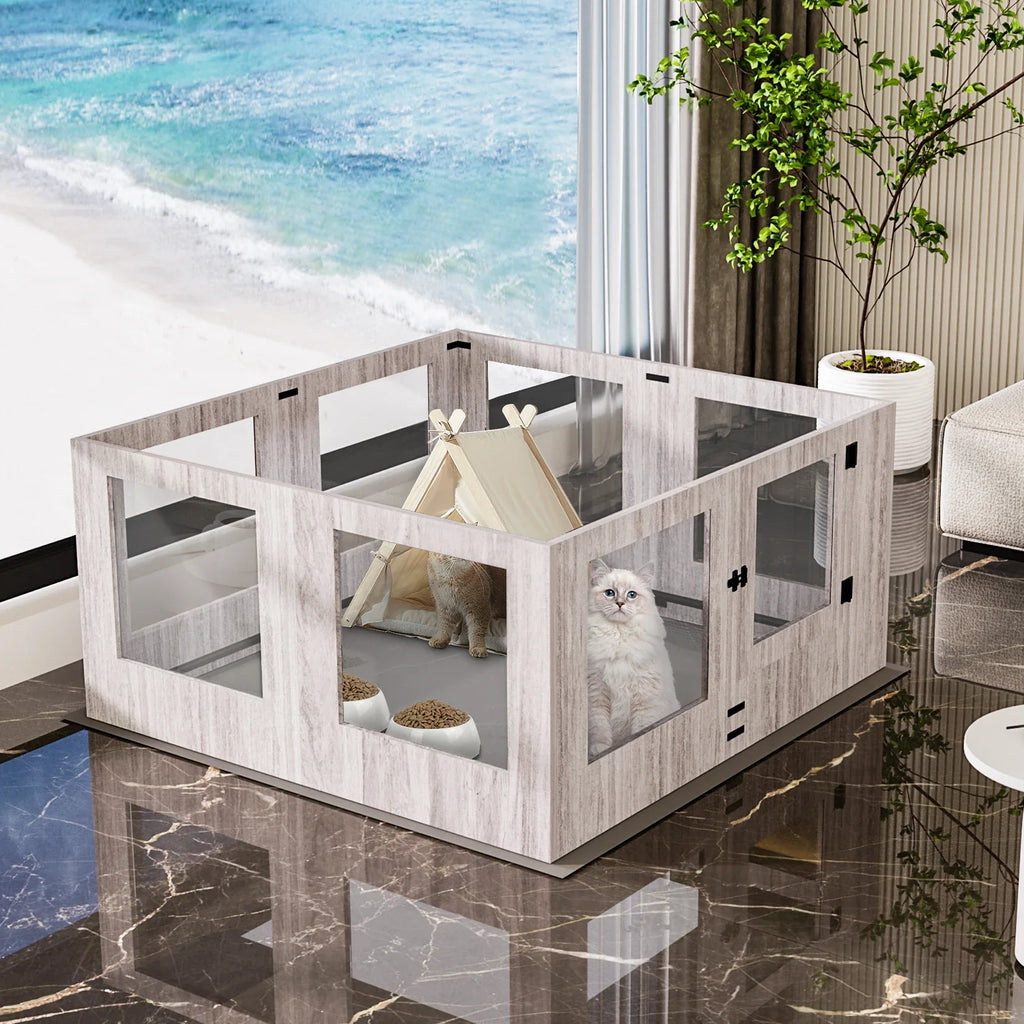 Tempered Glass Dog Puppies Playpen, Indoor Pet Whelping Pen Box Cage, Exercise Fence, with Waterproof Fertility Pad, 8 Panels - Nestkin Store